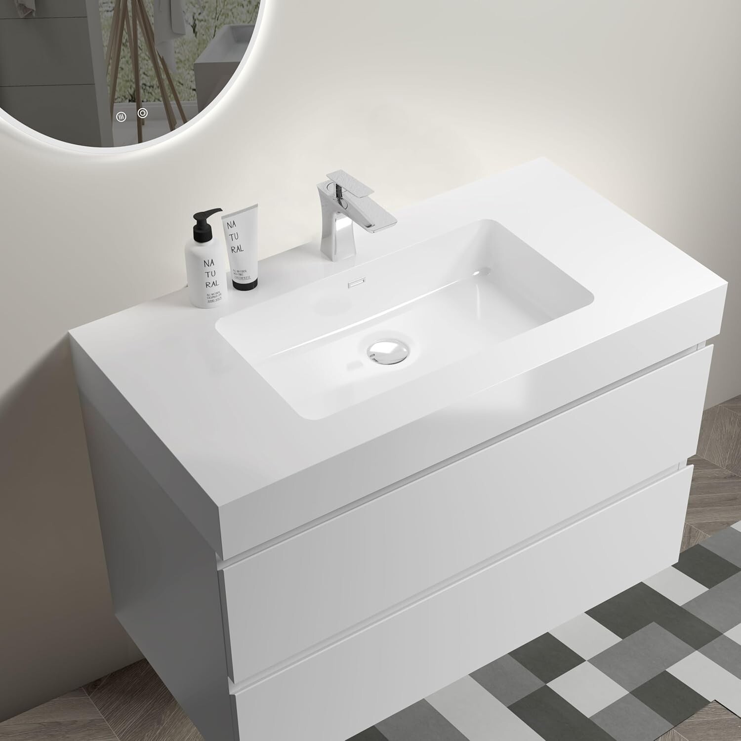 36 inch Integrated solid surface basin drain and faucet not included, glossy