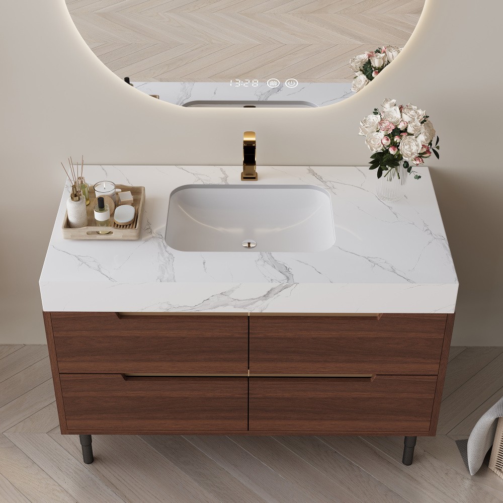 35.4″ Farmhouse Bathroom Vanity w/Sintered Stone Top，4 Drawers，Wall/Floor Mount