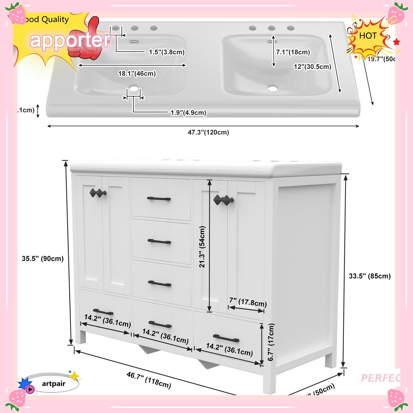 Yamissi Freestanding Bathroom Cabinet 47” with 5Drawers and Cabinet Double-Sink