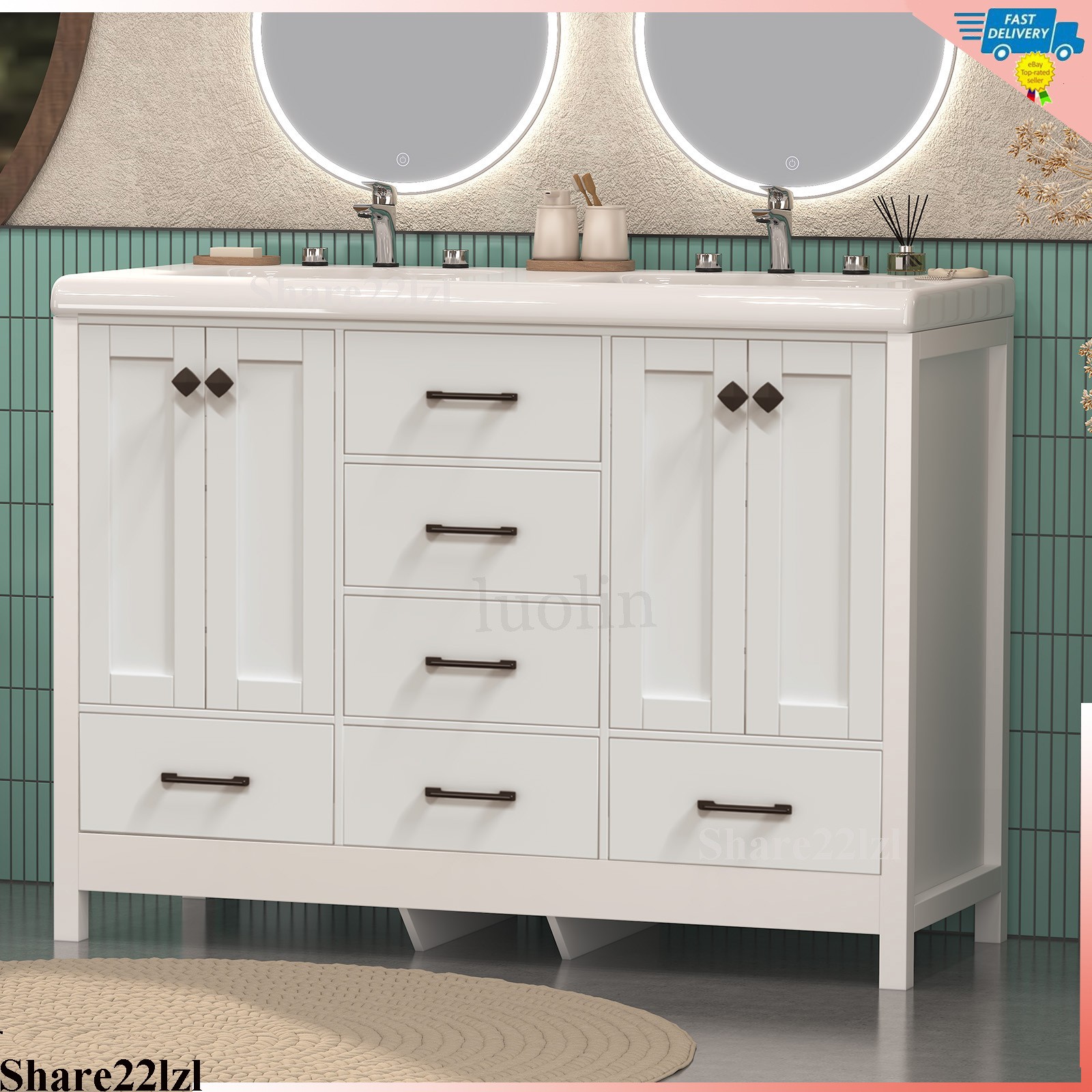 47″ Bathroom Vanity With Double Sink Ceramic Storage Cabinet without Faucet New