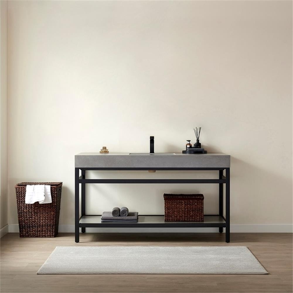Funes 60″ Single Sink Bathroom Vanity in Matte Black Frame Gray Top No Mirror
