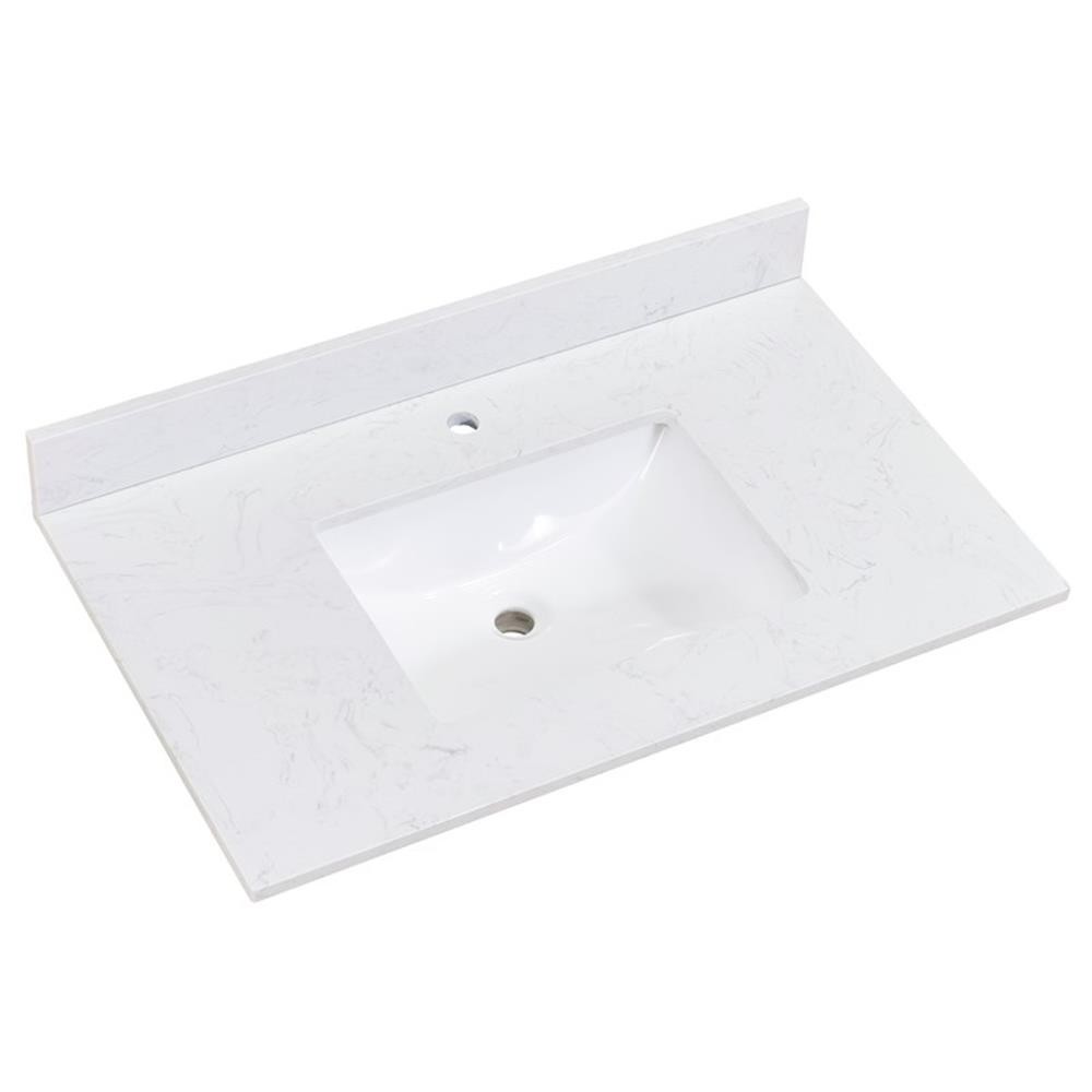 Pemberly Row 37″ Composite Stone Vanity Top in White with White Single Basin