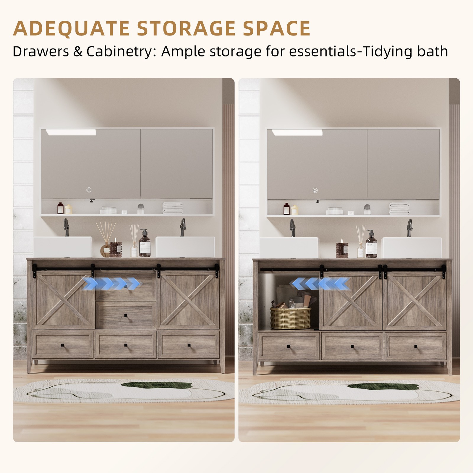 60″ Bathroom Vanity with Double Sink Combo Cabinet, Soft-Close Door & 5 Drawers
