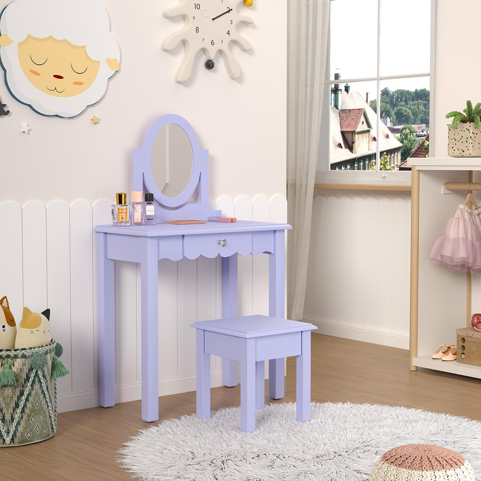 Wooden 2-in-1 Kids Vanity Desk Set with Mirror Stool Detachable Top