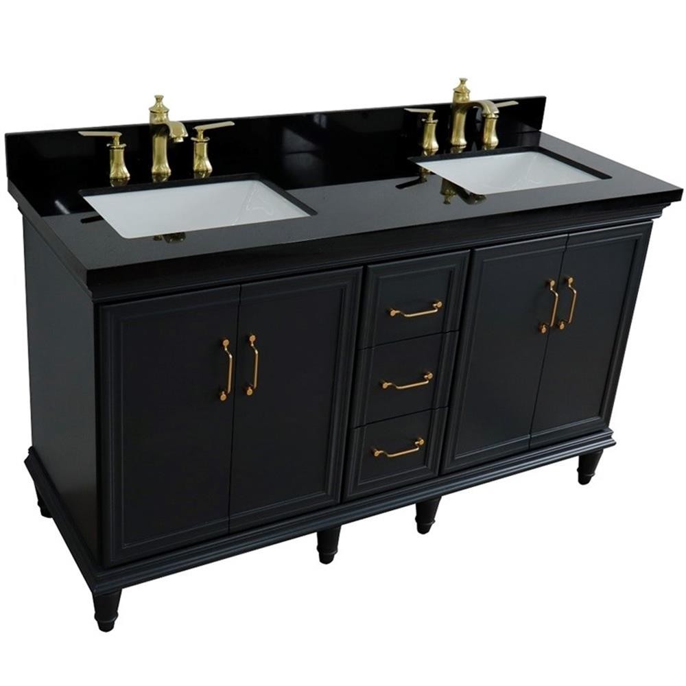 61 in. Double Wooden Vanity Dark Gray Black Galaxy Granite Rectangle Sink