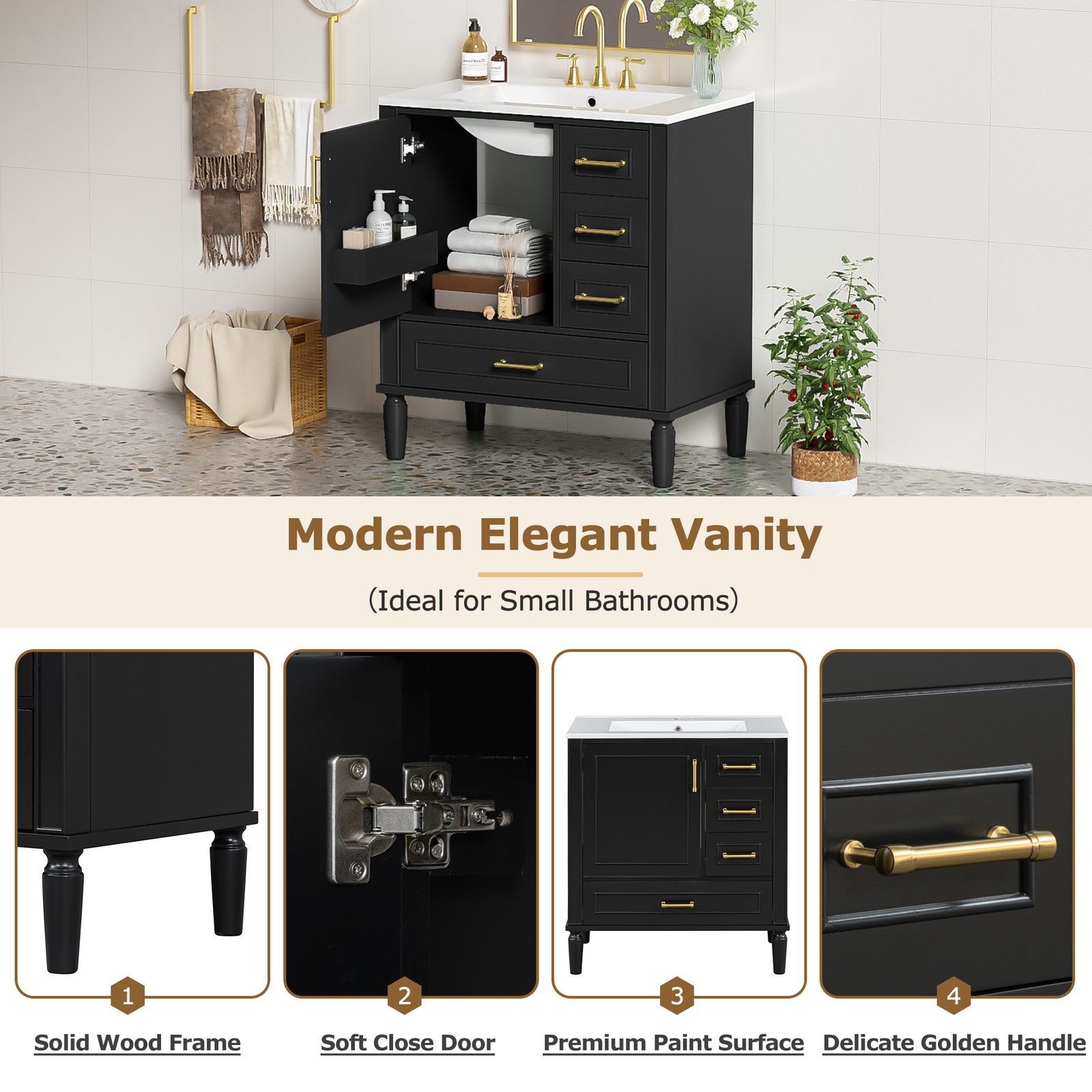 30″ Bathroom Vanity Set Floor Standing Bathroom Storage Cabinet w/Three Drawers