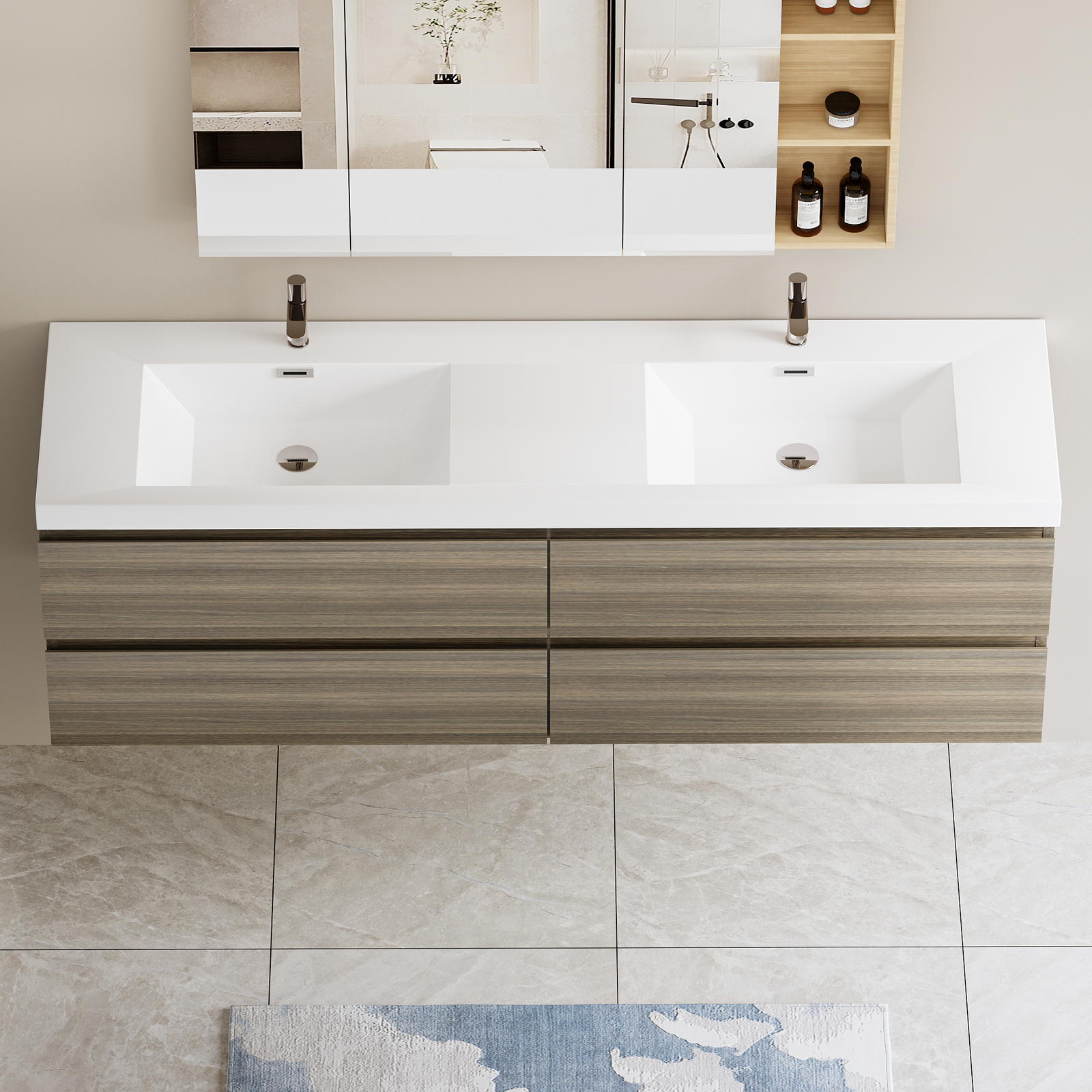 72 in Floating Wall-Mounted Bathroom Vanity W/ Resin Double Sink 4 Drawers Gray