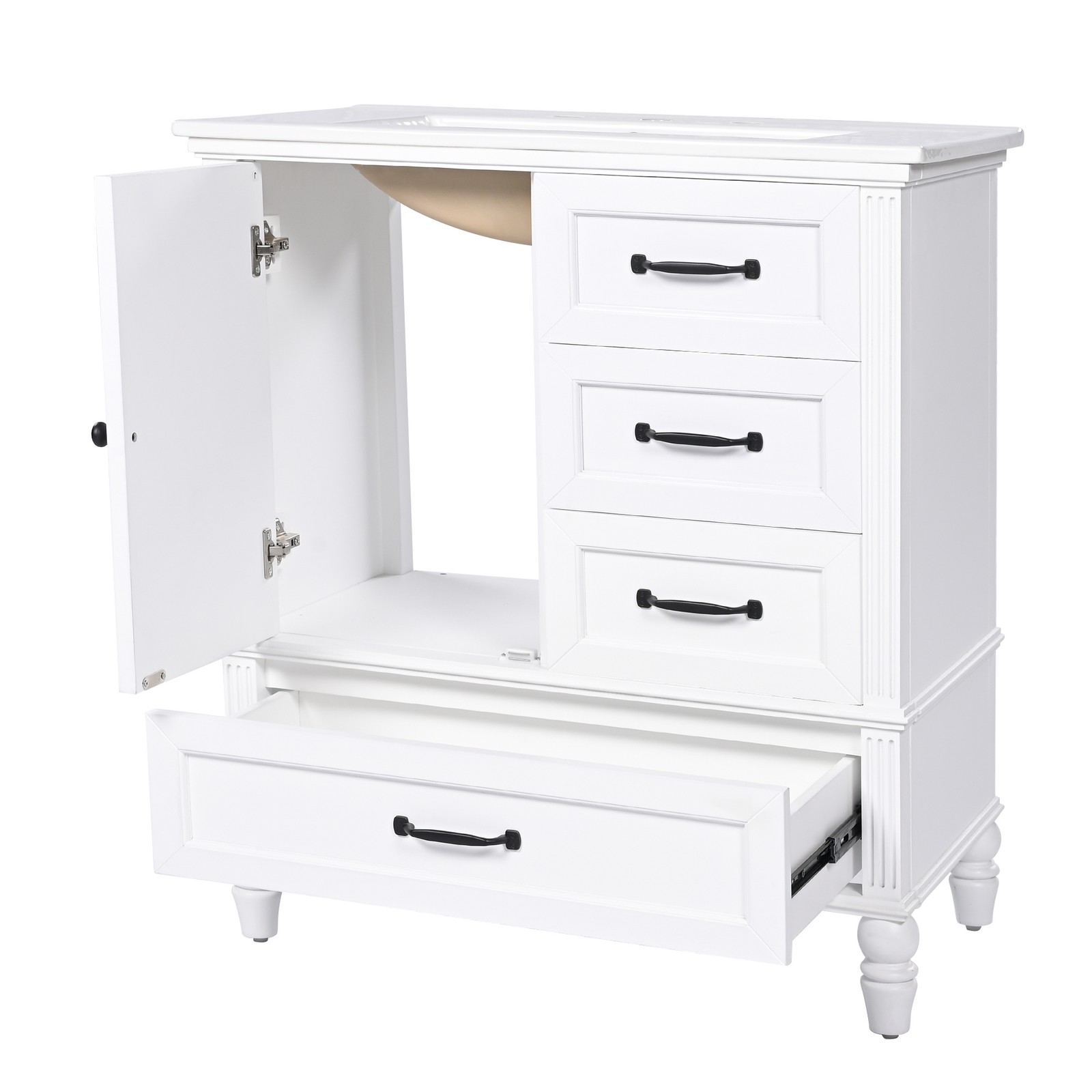 30″ Bathroom Vanity with Sink, Bathroom Cabinet with A Door, Three Drawers White