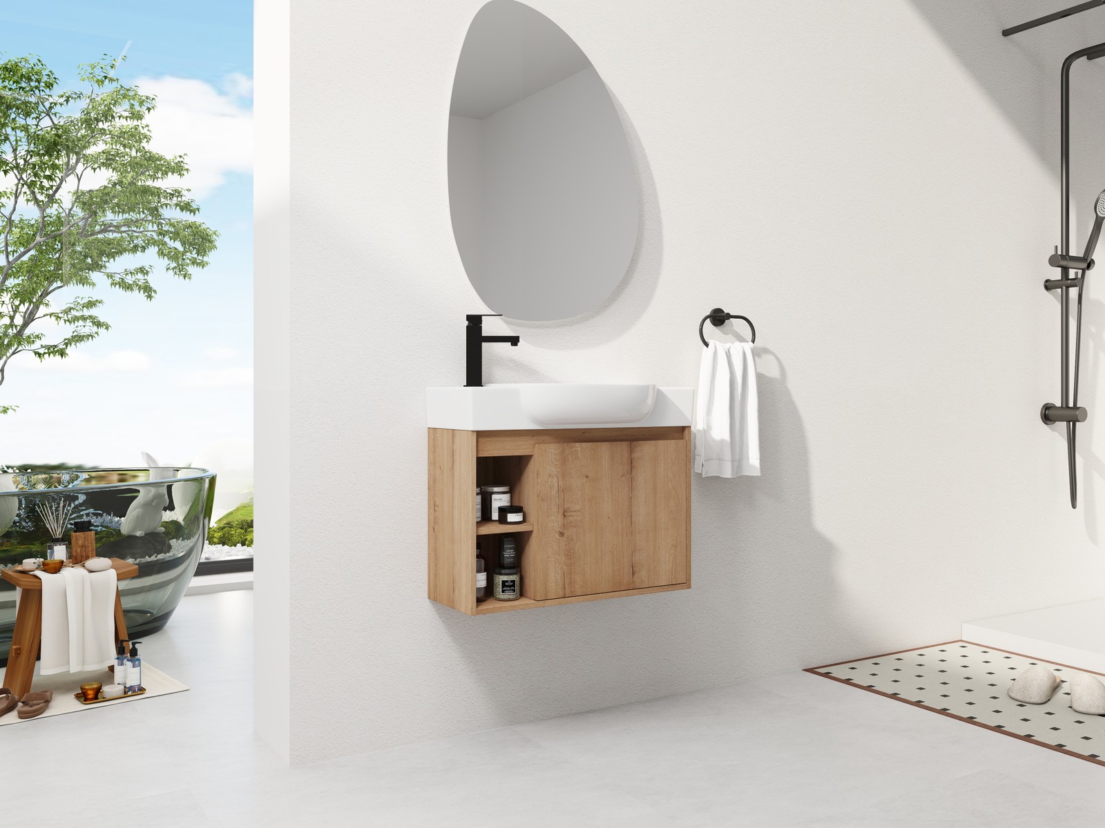 26in Plywood Freestanding Bathroom Vanity W/ Ceramic Sink Basin Door Shelf Oak