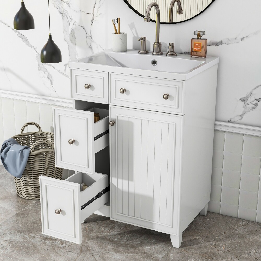 24″ Bathroom Vanity w/Ceramic Sink, 2 Drawers, Freestanding Small Vanity Cabinet