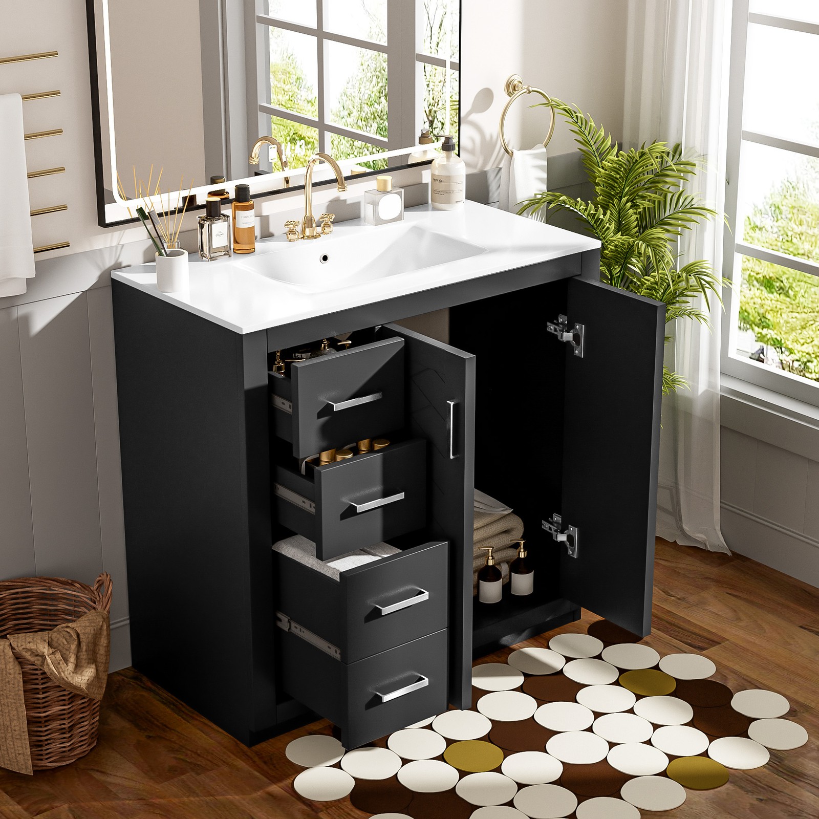 36″ Bathroom Vanity with Ceramic Sink, Solid Wood Frame, 3 Drawers