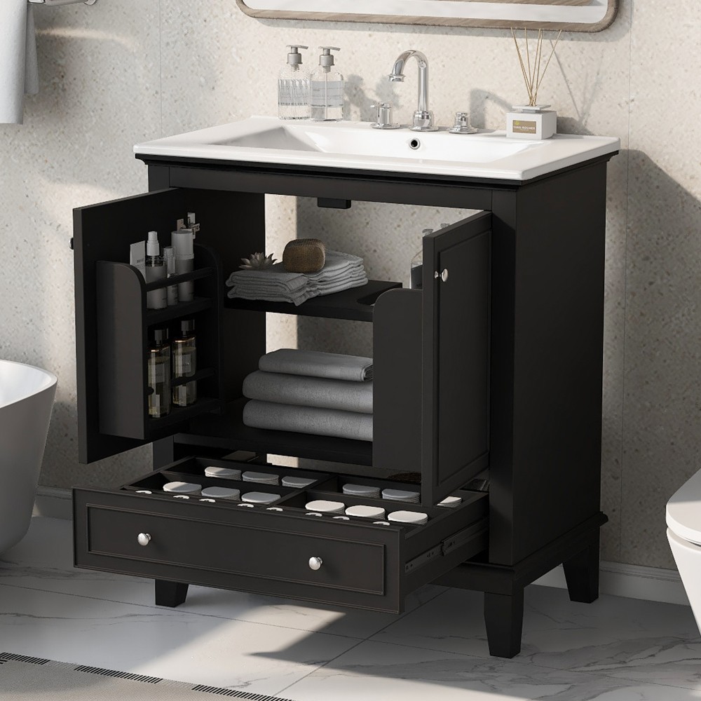 30″ Black Bathroom Vanity with Sink, Solid Wood MDF Cabinet with Doors & Drawer