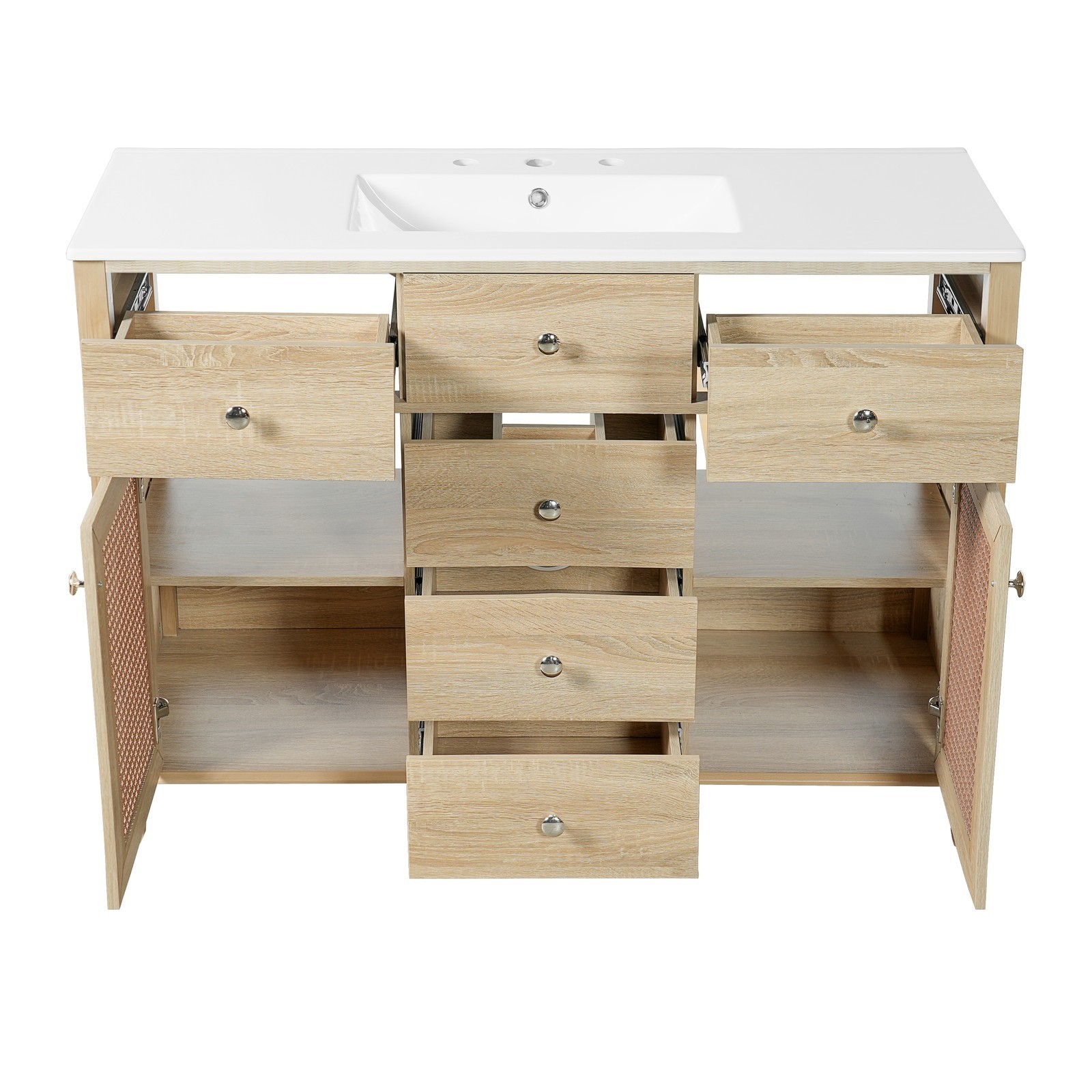 Natural Rattan Bathroom Vanity 48″/2 Cabinets/Sink & Solid Wood Frame Fre Ship