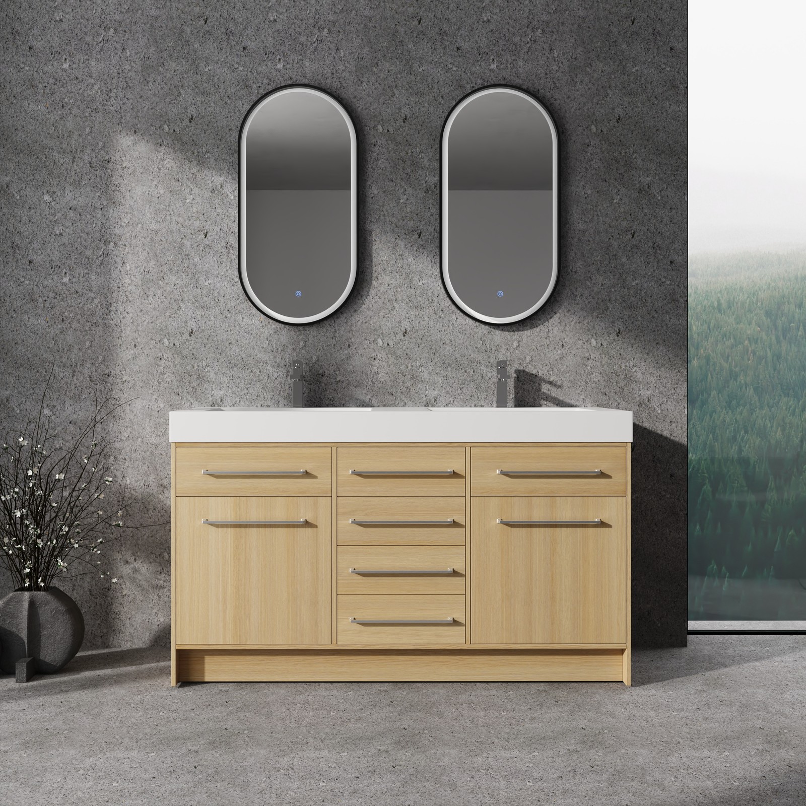 60 in Plywood Bathroom Vanity Freestanding W/Double Resin Sink +2 Doors 6Drawers