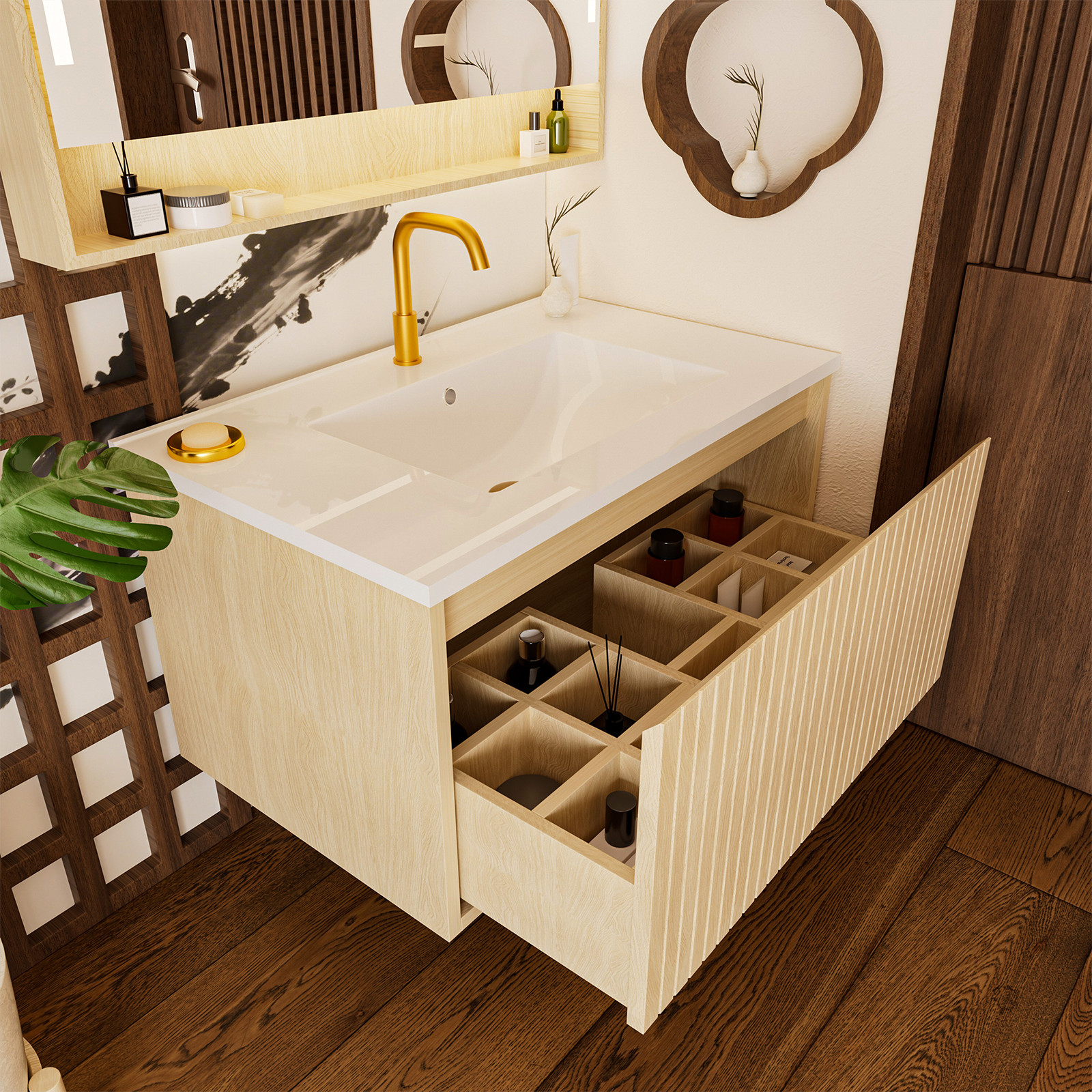 30 Inch Floating Bathroom Vanity Cabinet with Ceramic Sink, Natural Wood
