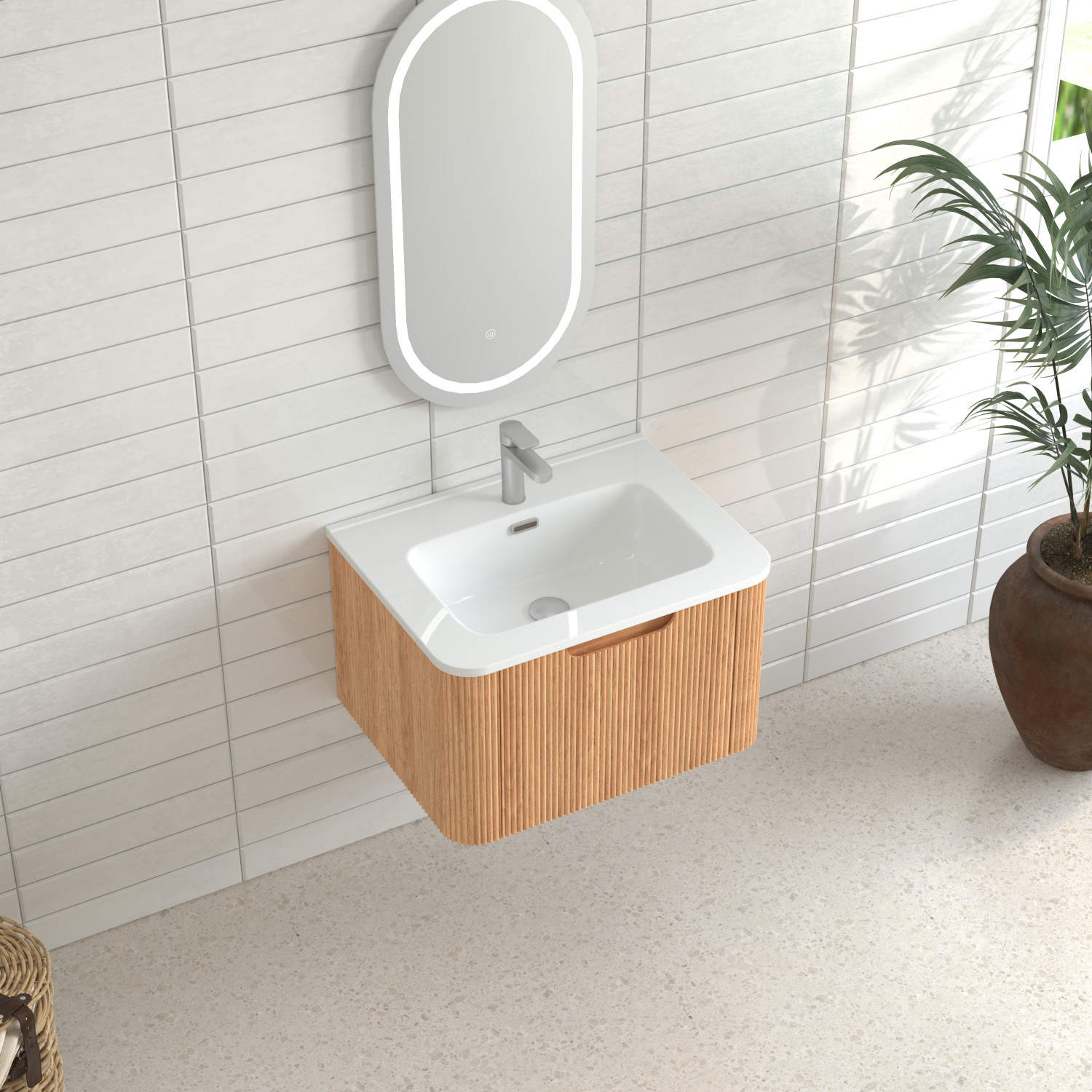 24″ Wall-Mounted Floating Bathroom Vanity with Ceramic Basin in Walnut
