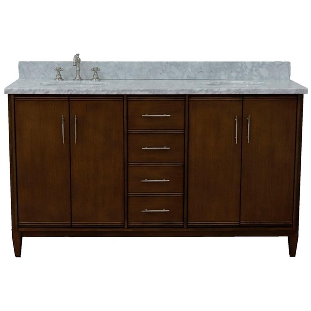 Pemberly Row 61″ Double Oval Sink Solid Wood Vanity in Walnut/White Carrara
