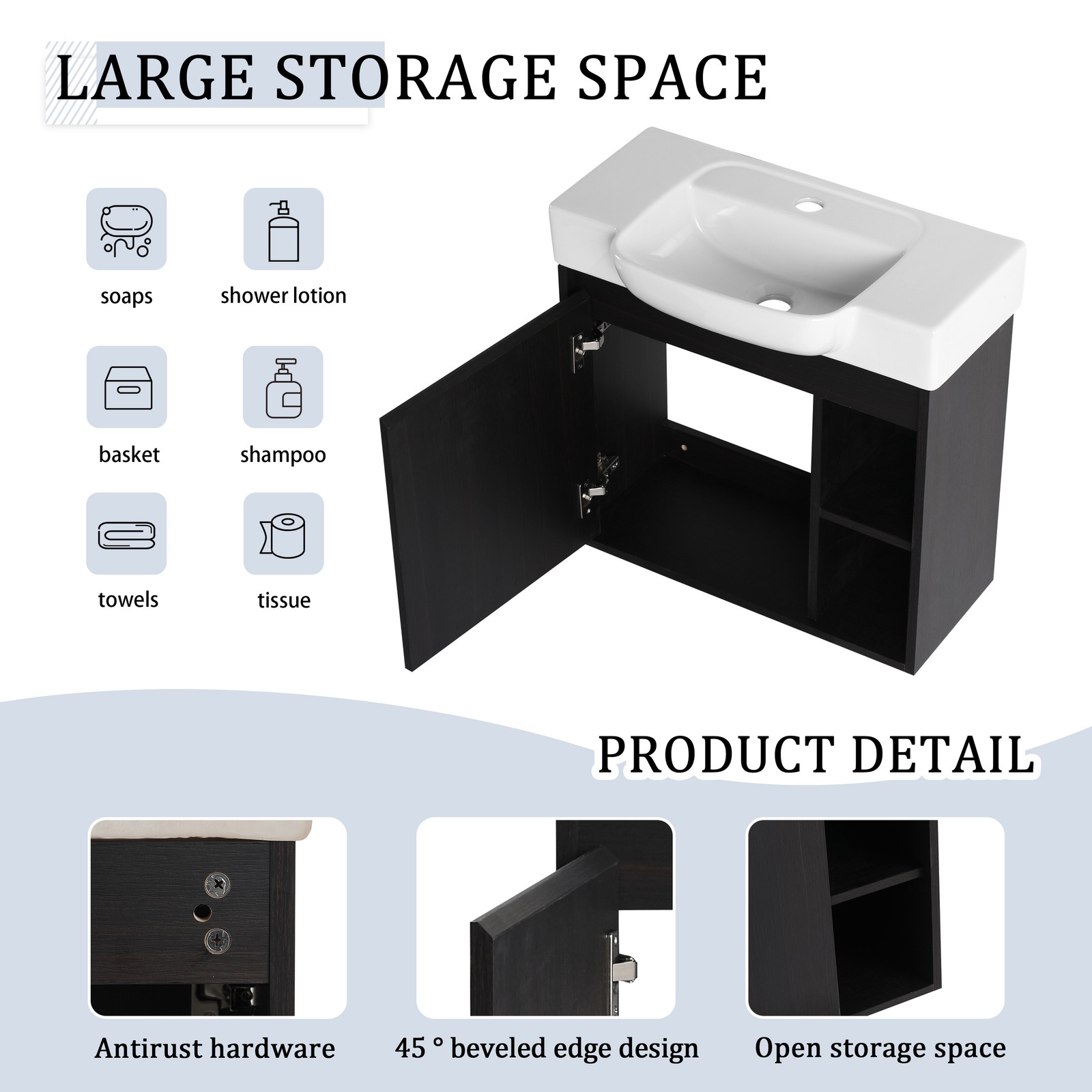 24″ Plywood Wall-Mounted Bathroom Vanity Cabinet W/ White Ceramic Sink Dark Oak