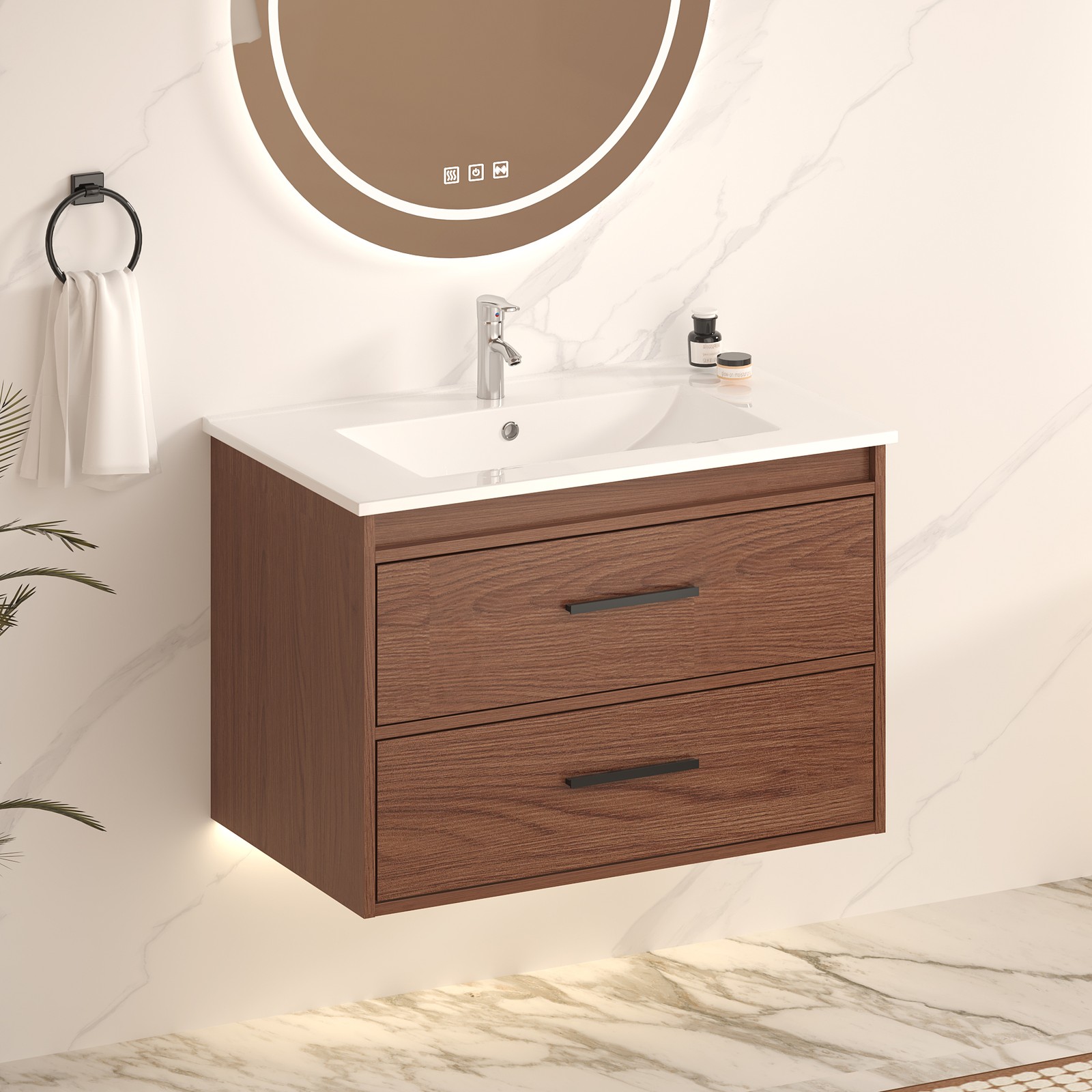 30″ reddish brown Wall Mounting Bathroom Vanity with Soft Close 2 Drawers