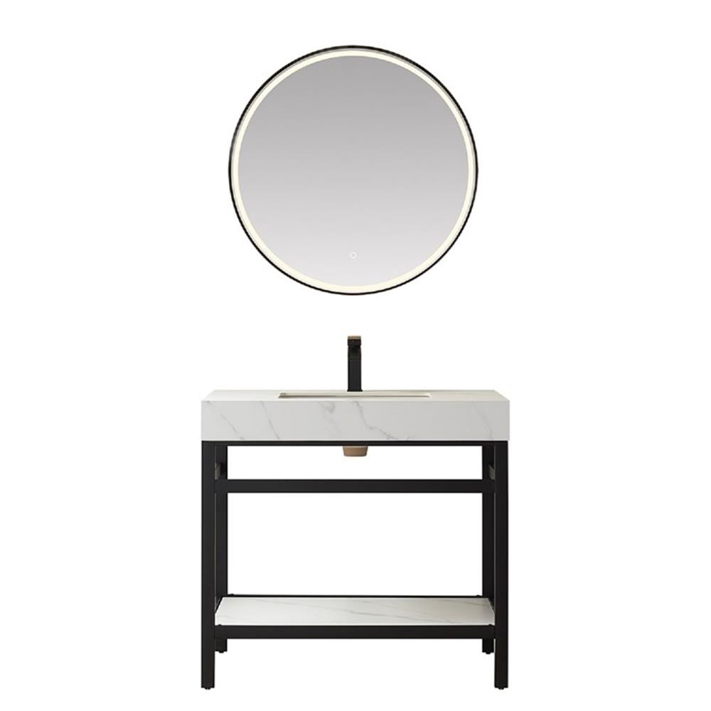 Funes 36″ Single Sink Bathroom Vanity in Matte Black Frame White Top w/ Mirror