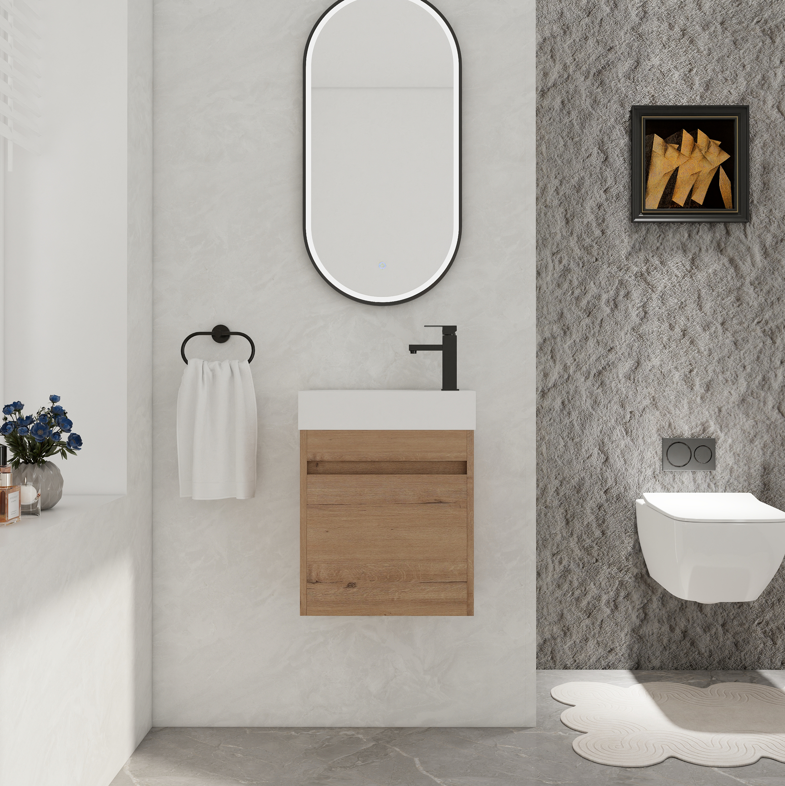 18in Wall Mounted Floating Bathroom Vanity Cabinet W/Resin Sink Oak Small Space