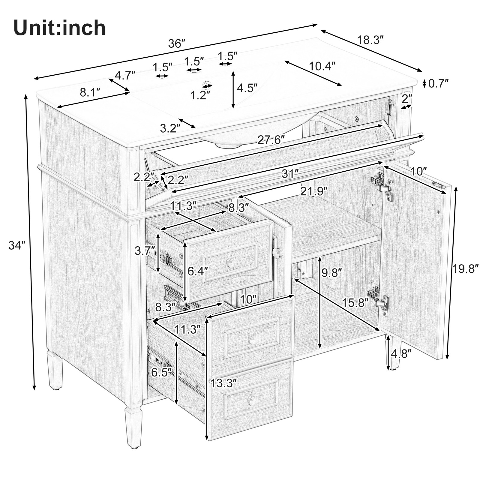 36″ Bathroom Vanity w/Sink,3 Drawers,Freestanding Storage Vanity 2 Doors Cabinet