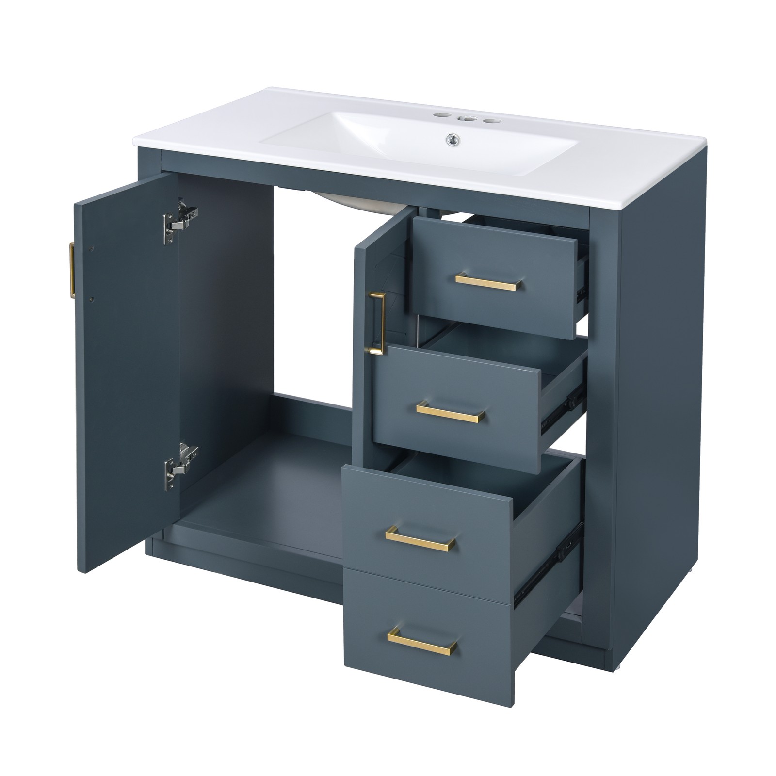 36″ Bathroom Vanity with Ceramic Sink, Solid Wood Frame, 3 Drawers & Doors