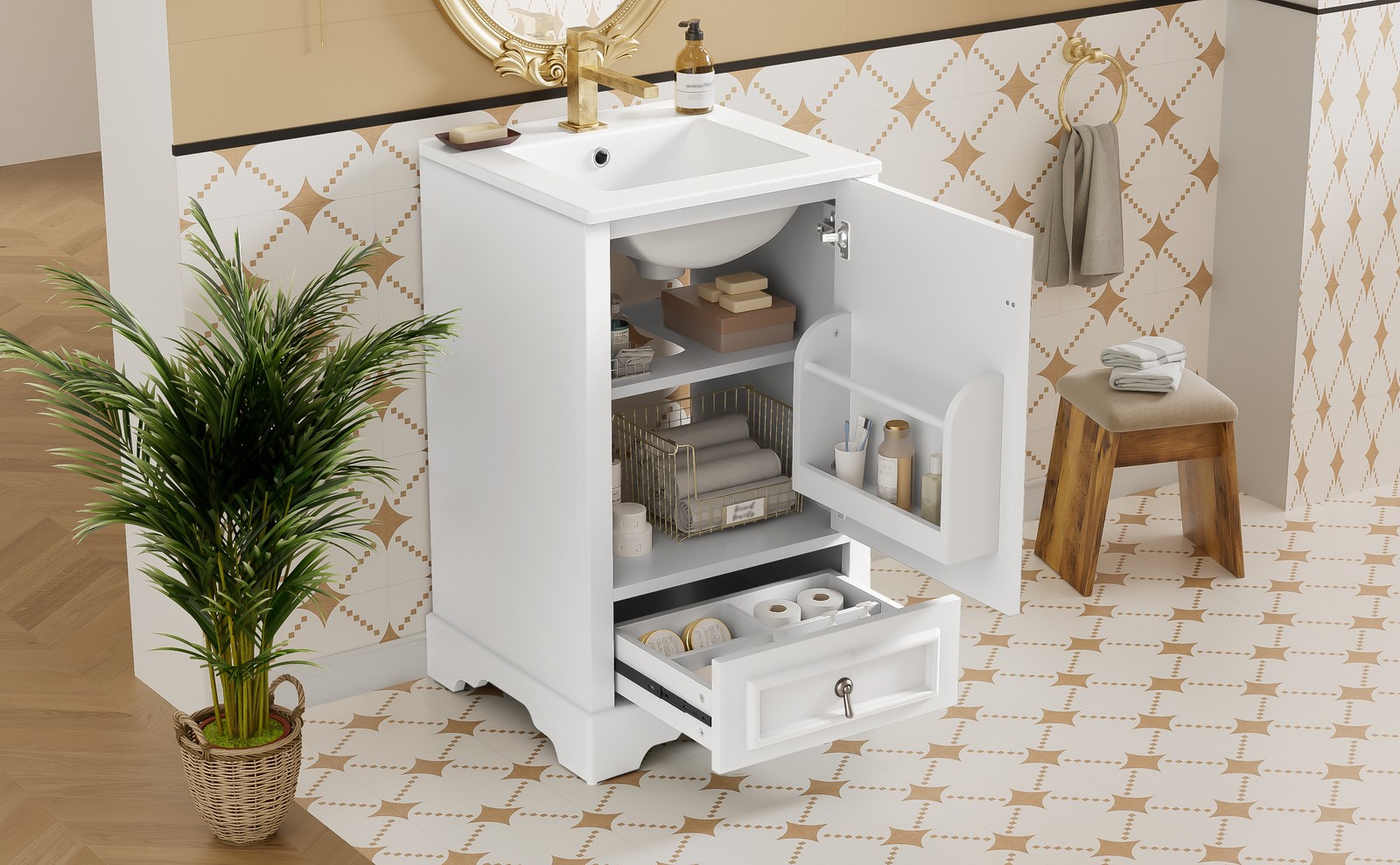 20″ Bathroom Vanity with Ceramic Sink, Soft Close Door, White