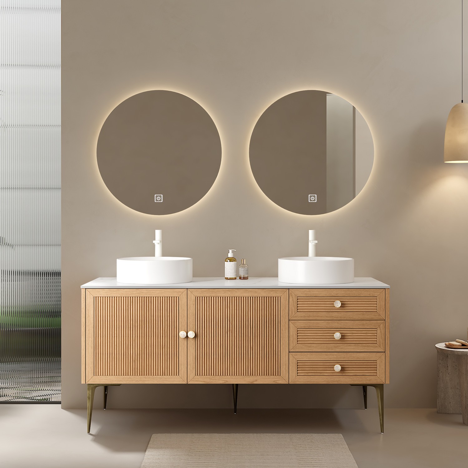 60″ Bathroom Vanity w/Double Ceramic Sink, Freestanding Vanity Cabinet,3 Drawers
