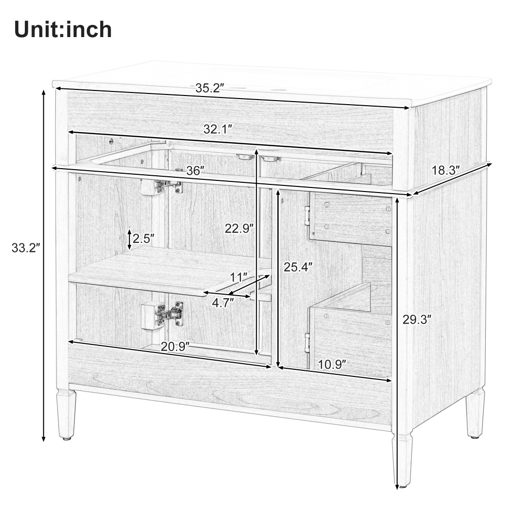 36″ Bathroom Vanity with Sink Wood Vanity Cabinet with Flip-Out Drawer 3 Drawers