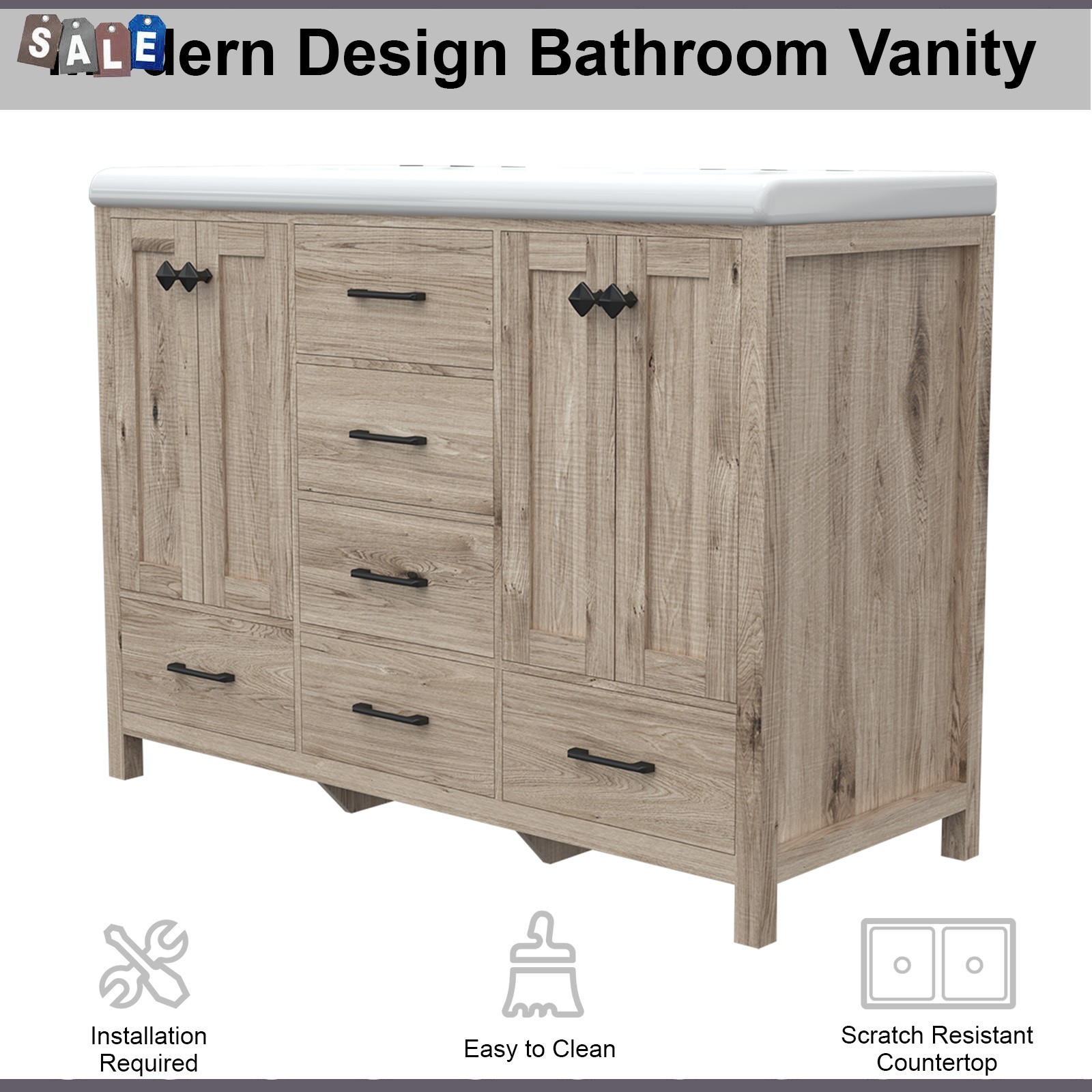 47 Inch Bathroom Vanity Double Ceramic Sinks Combo Storage Doors With Drawers