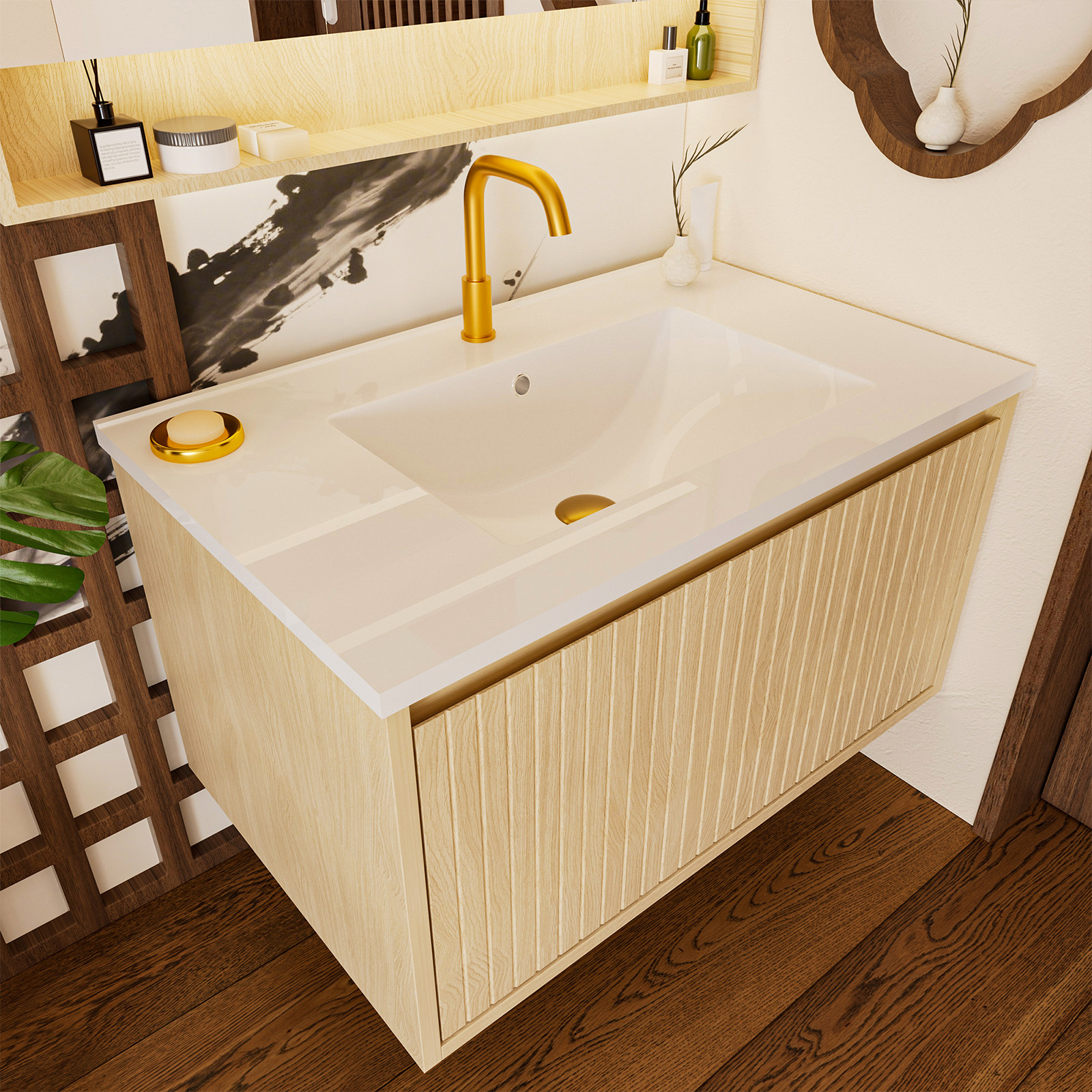 30″ Bathroom Vanity Cabinet w/Ceramic Sink Wall Mounted Floating Fluted Vanity
