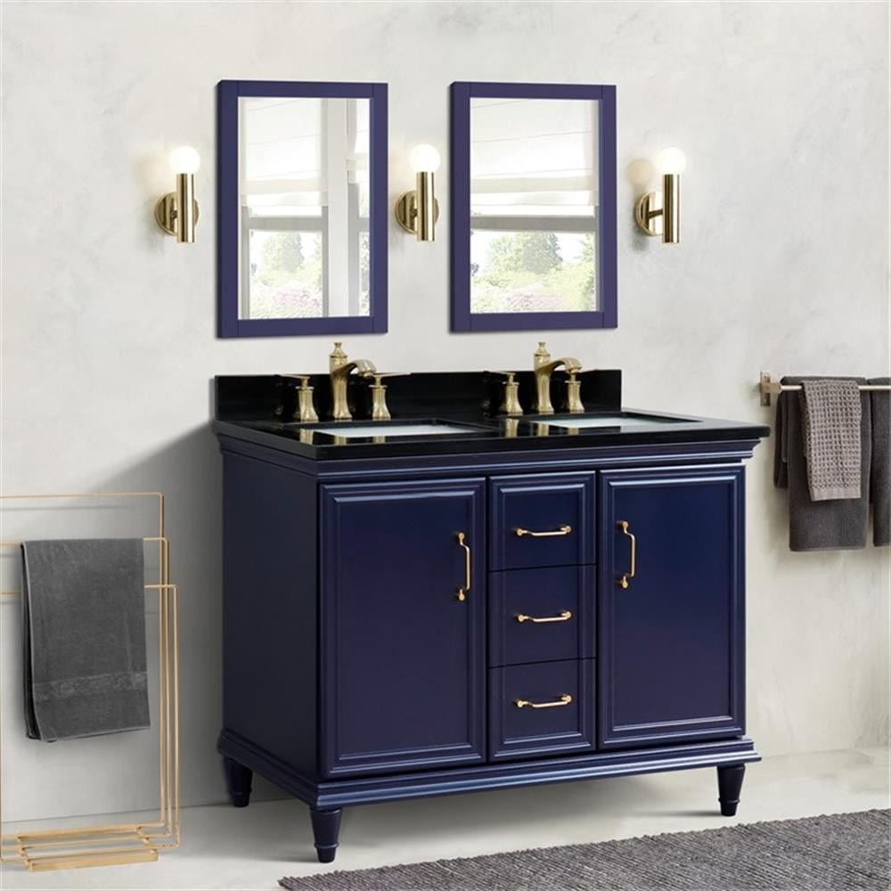 49 in. Double Wooden Vanity Blue with Black Galaxy Rectangle Sink
