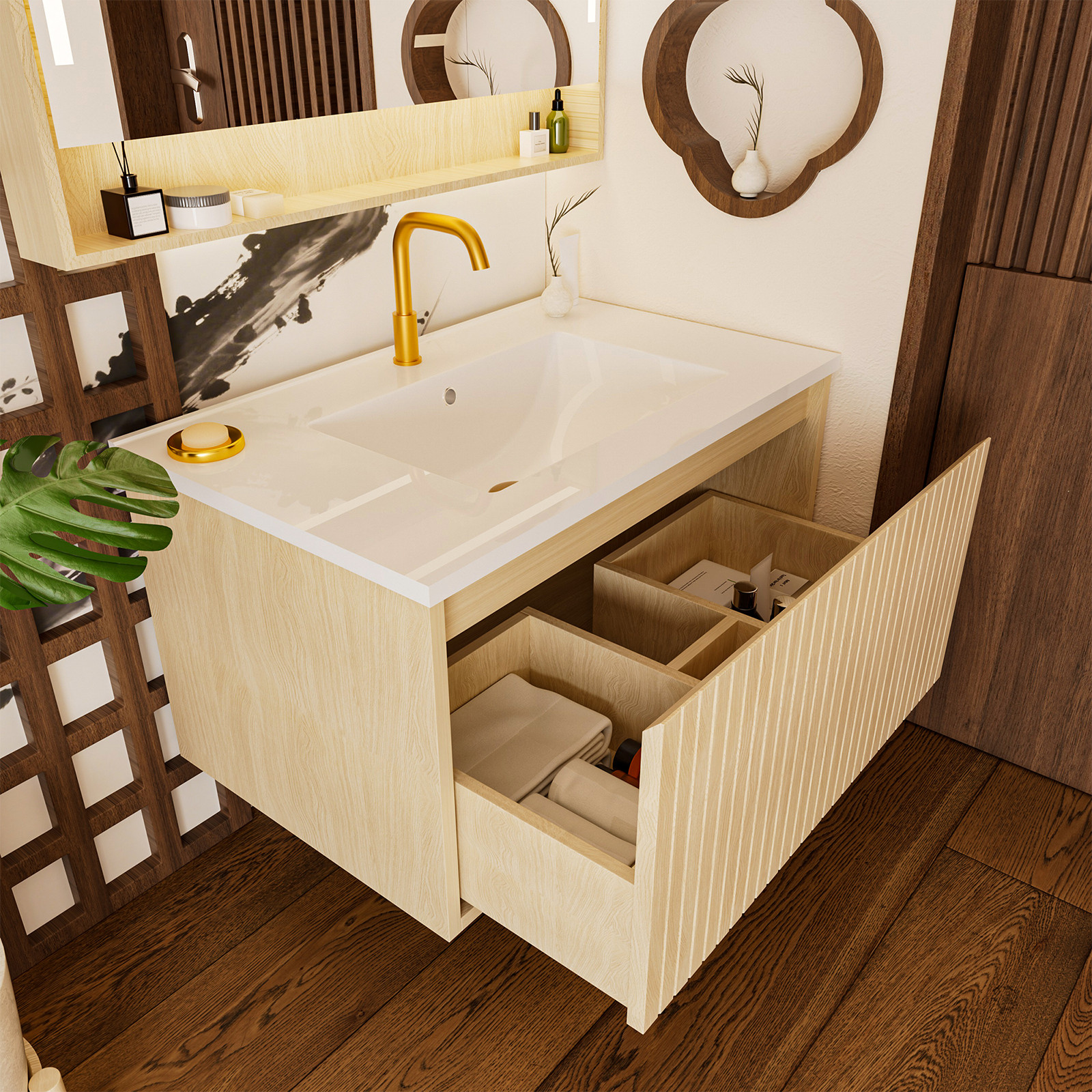 30″ Bathroom Vanity Cabinet w/Ceramic Sink Wall Mounted Floating Fluted Vanity