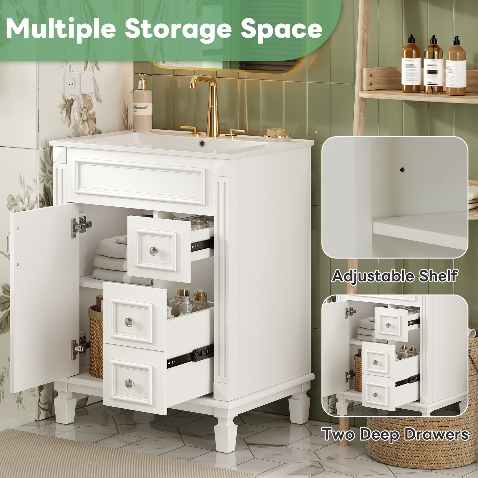 24″ Bathroom Vanity w/Ceramic Sink, Small Bathroom Sink Cabinet with 2 Drawers