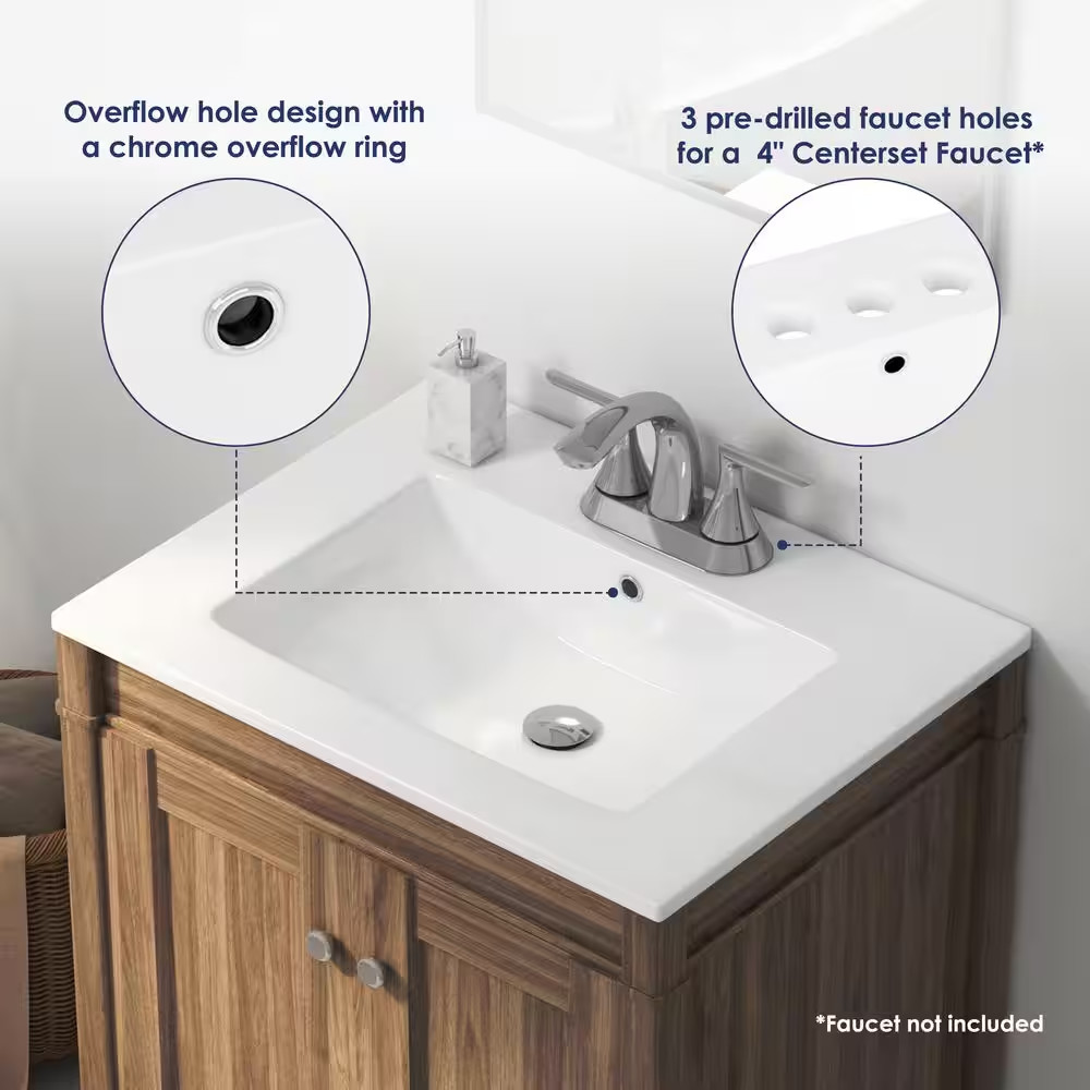 Tucson 24 In. W X 18 In. D Vitreous China Vanity Top in White with 3 Faucet Hole
