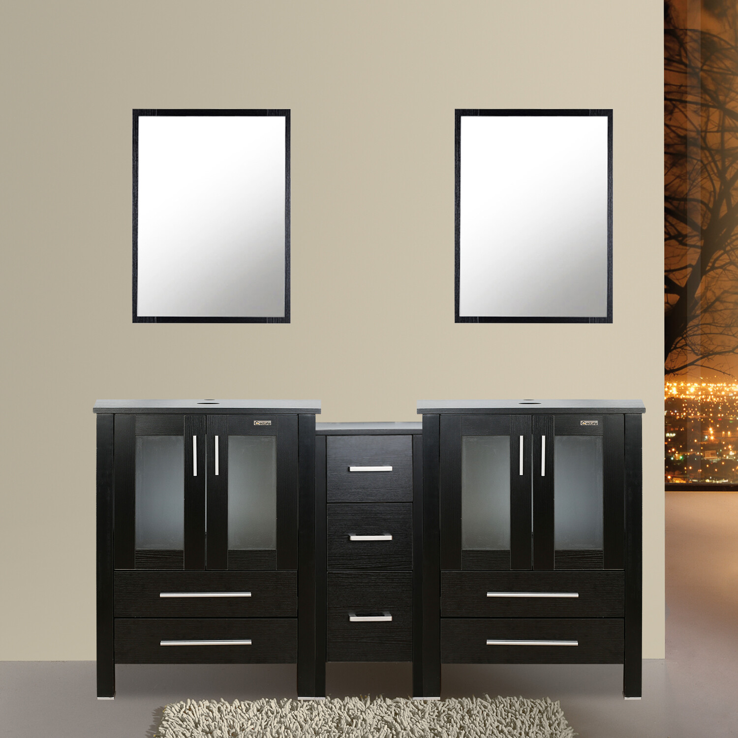 60″ Bathroom Black Vanity W/Small Double Cabinet Drawer Mirror Combo Modern Home