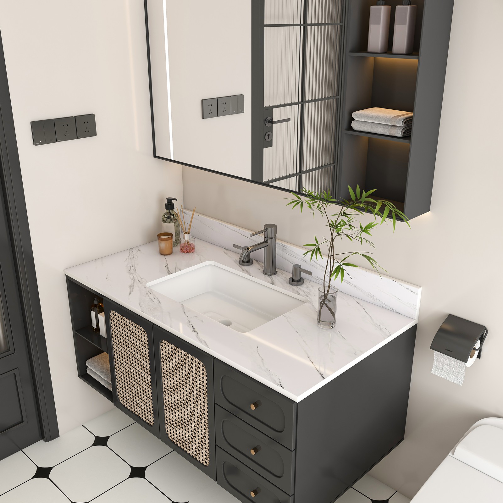 43″ Marble Vanity Top White with 3 Faucet Holes Undermount Sink 4″ Backsplash