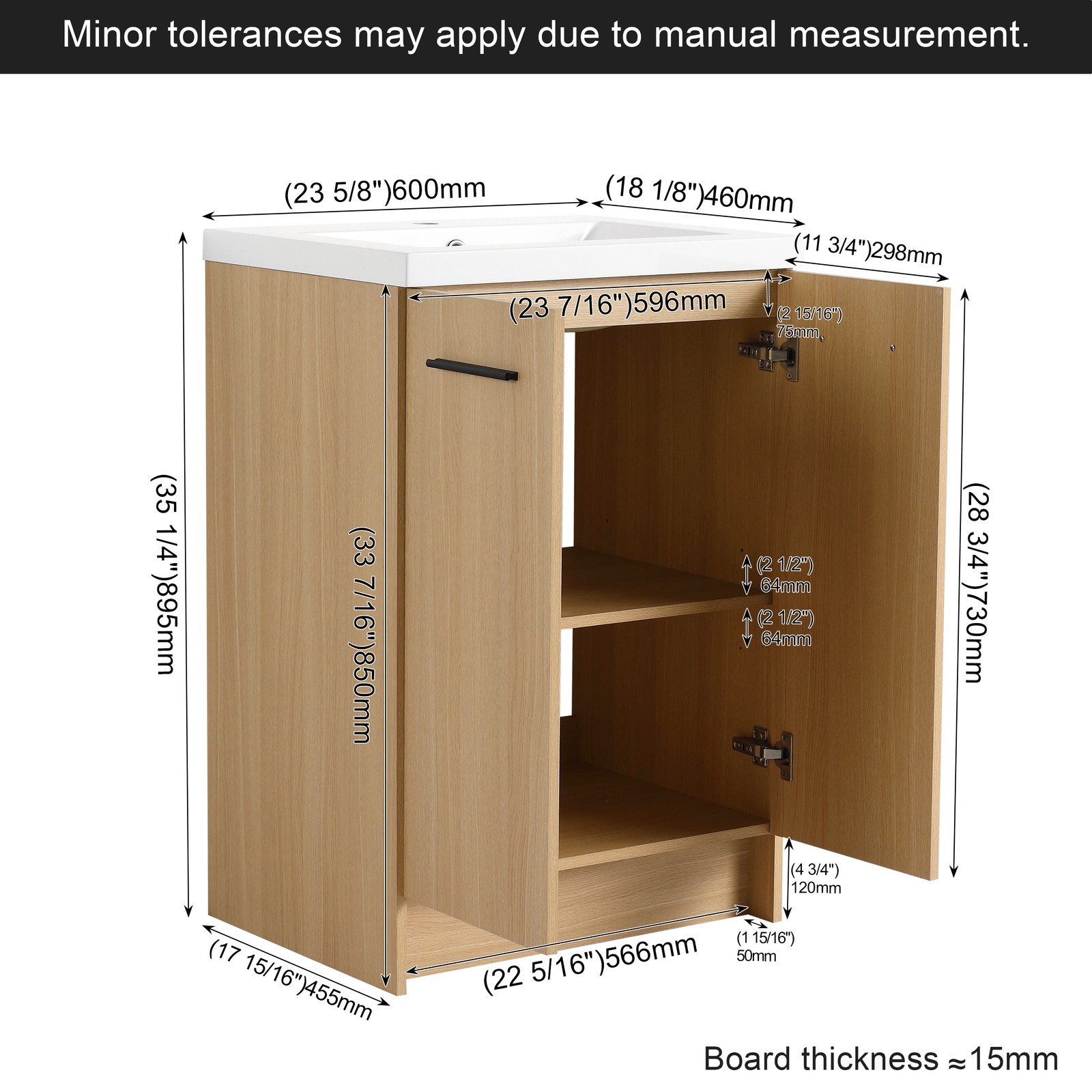 24″ Freestanding Bathroom Vanity with Resin Sink, Light Oak