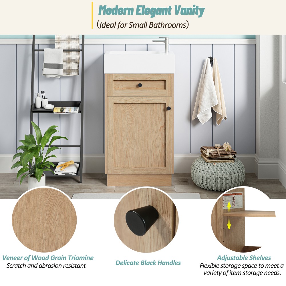 18.5 Inch Rustic Bathroom Vanity MDF Cabinet Reversible Resin Sink Adjustable