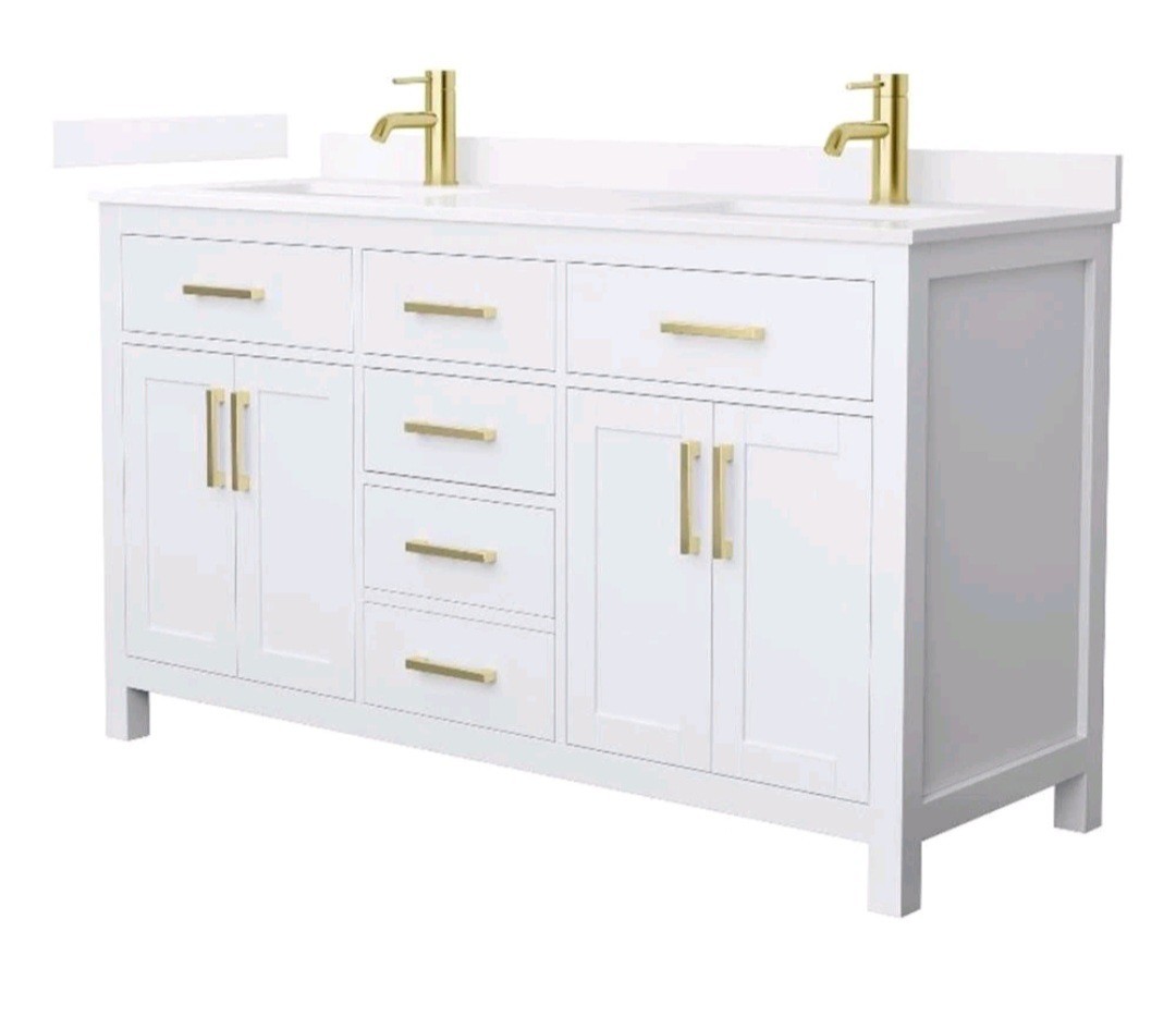 Beckett 60″ White Double Vanity & White Quartz Top (1-Hole) & Gold Trim