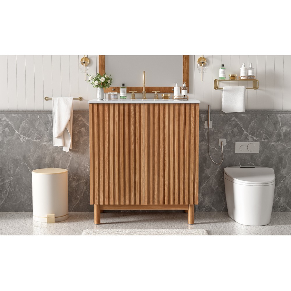 29.9-inch Traditional Bathroom Vanity with Ceramic Sink, Solid Wood Legs
