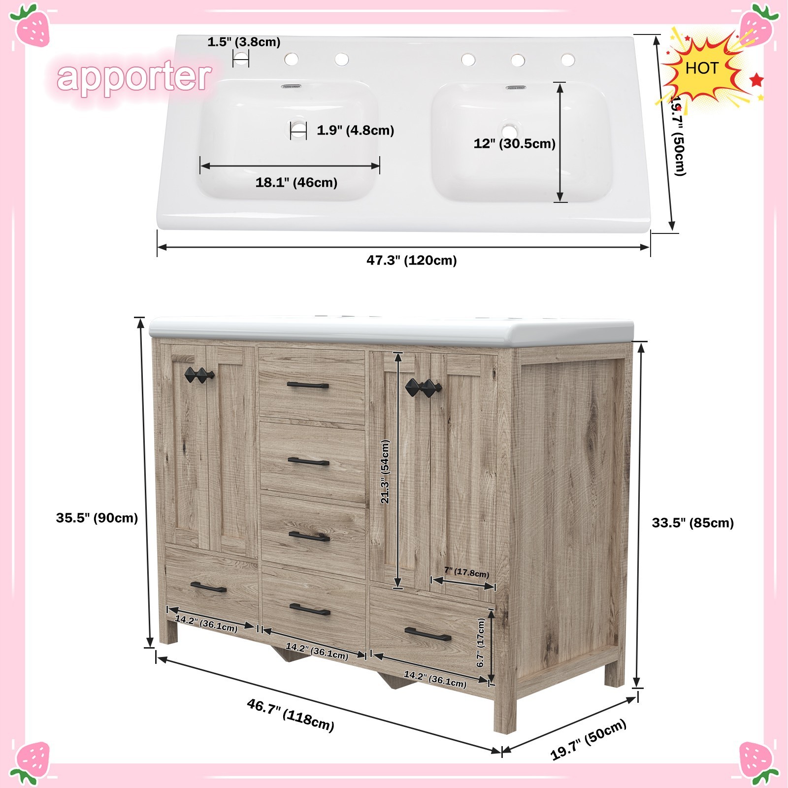 47 in Bathroom Vanity Retro Bathroom Storage Cabinet with Ceramic Sink Modern US