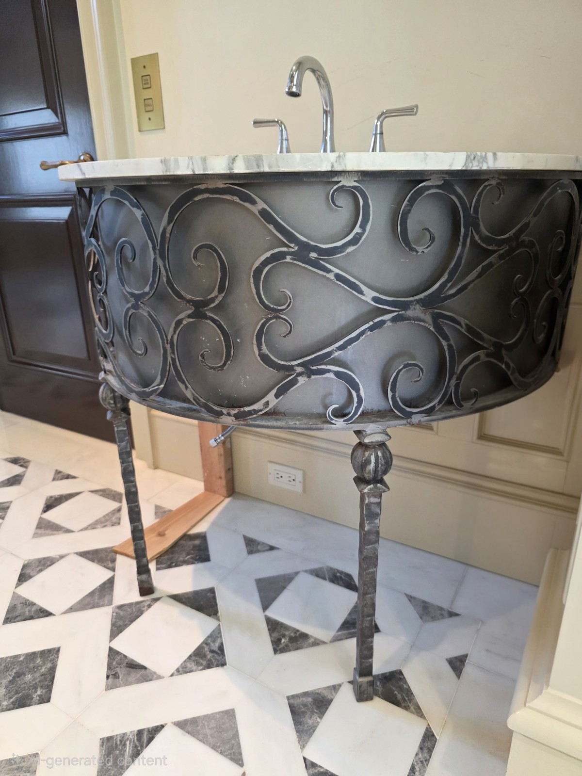 Wrought Iron Powder Room Bathroom Console Vanity With Marble Top
