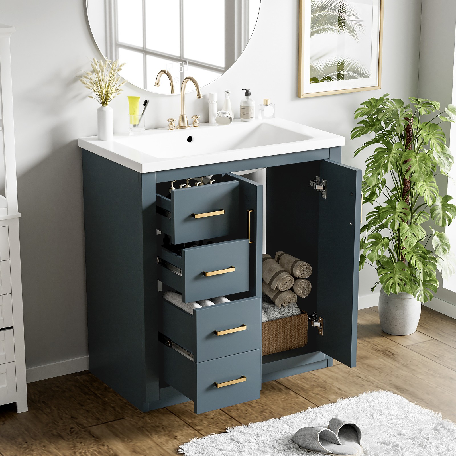 30″ Bathroom Vanity w/Ceramic Sink, 3 Drawers, Freestanding Bath Vanity Cabinet