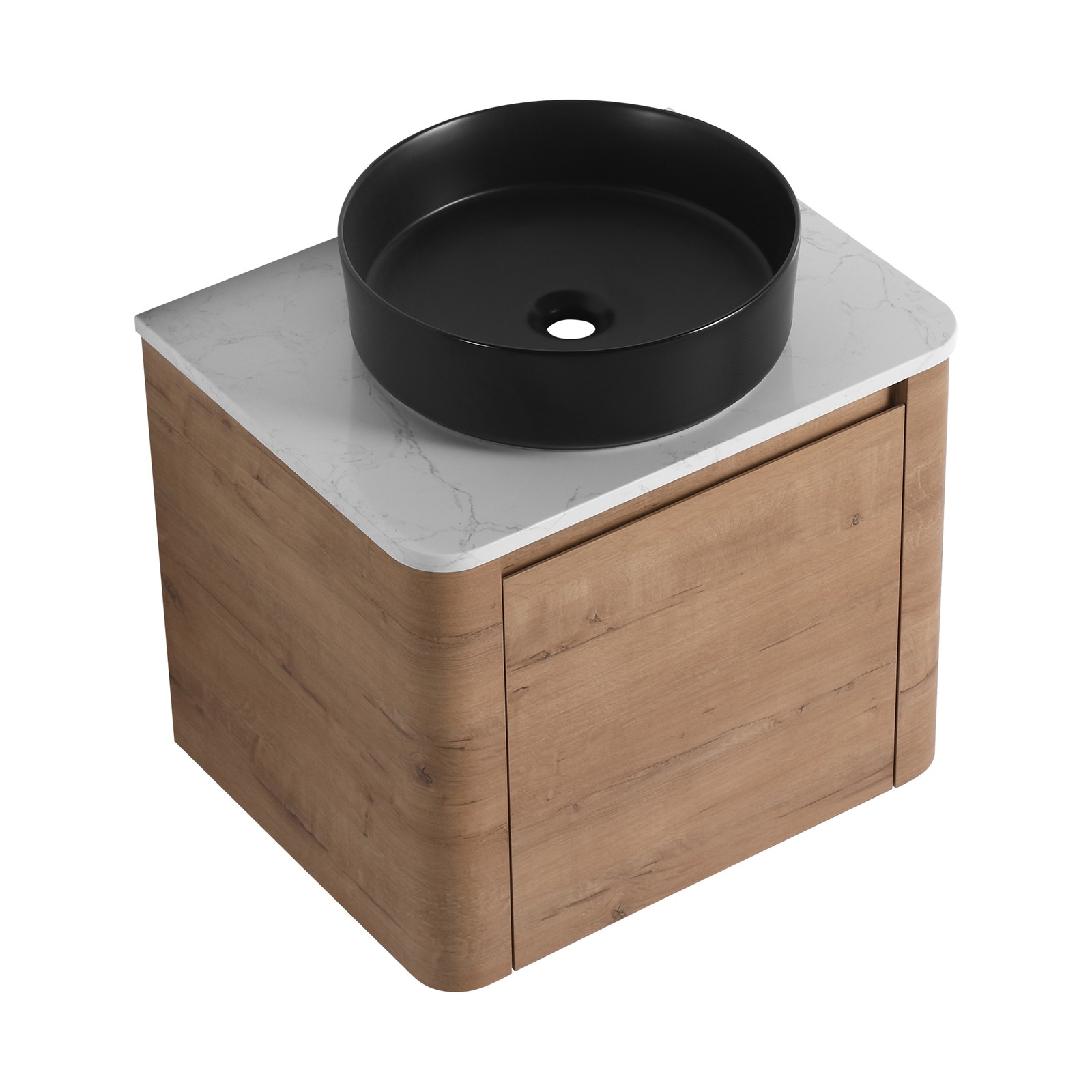 24 In Bathroom Vanity With White Flat Stone Slab Top Black Ceramic Vessel Sink