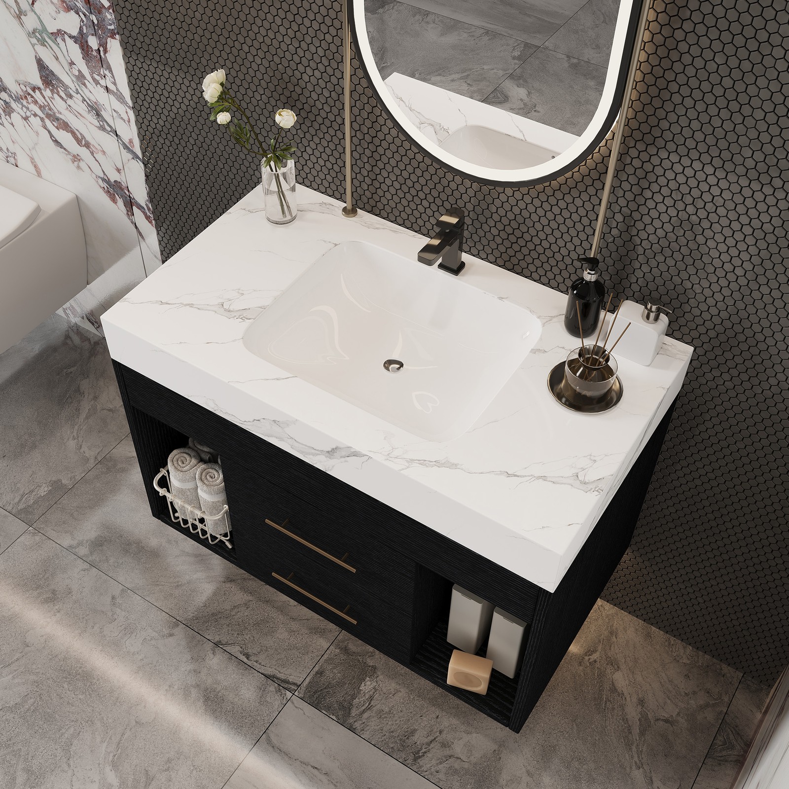 Modern Floating Bathroom Vanity Sintered Stone Top Ceramic Undermount Sink 29.9″