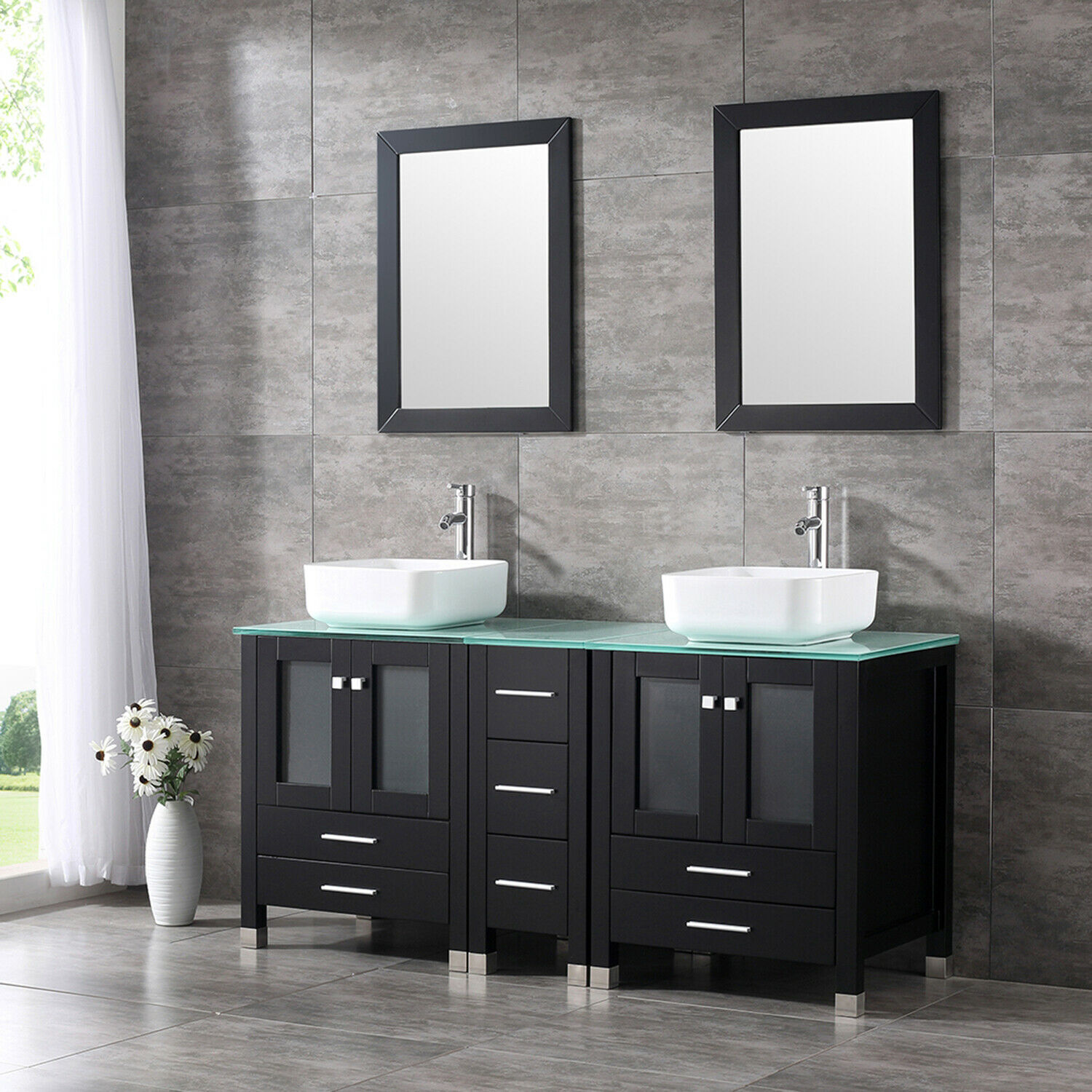 60″ Double Bathroom Vanity Black Cabinet Glass Vessel Sink Bowl Mirror w/Faucet