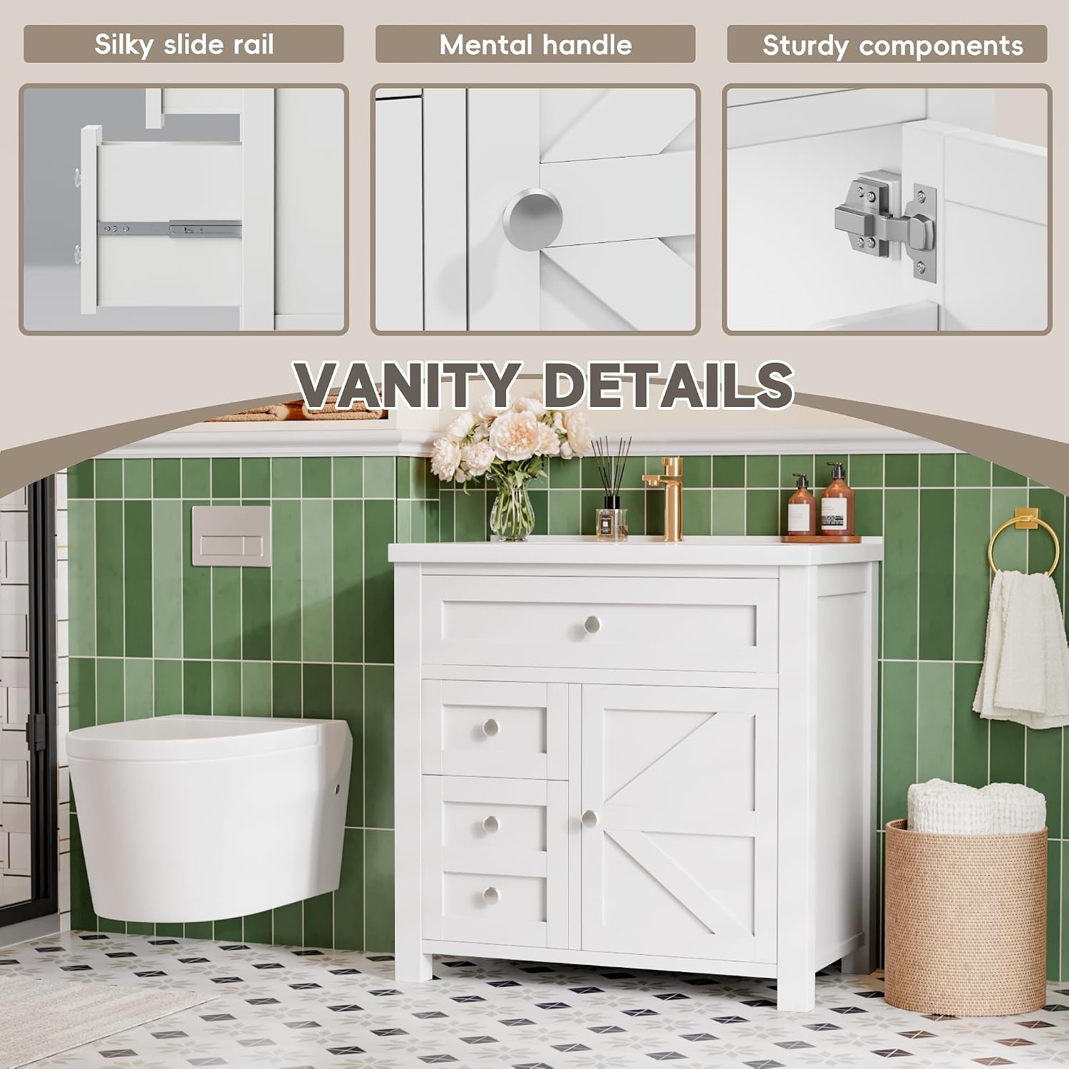 Bathroom Vanity with 30″ Sink Modern Wood Pedestal Bathroom Spacious Storage