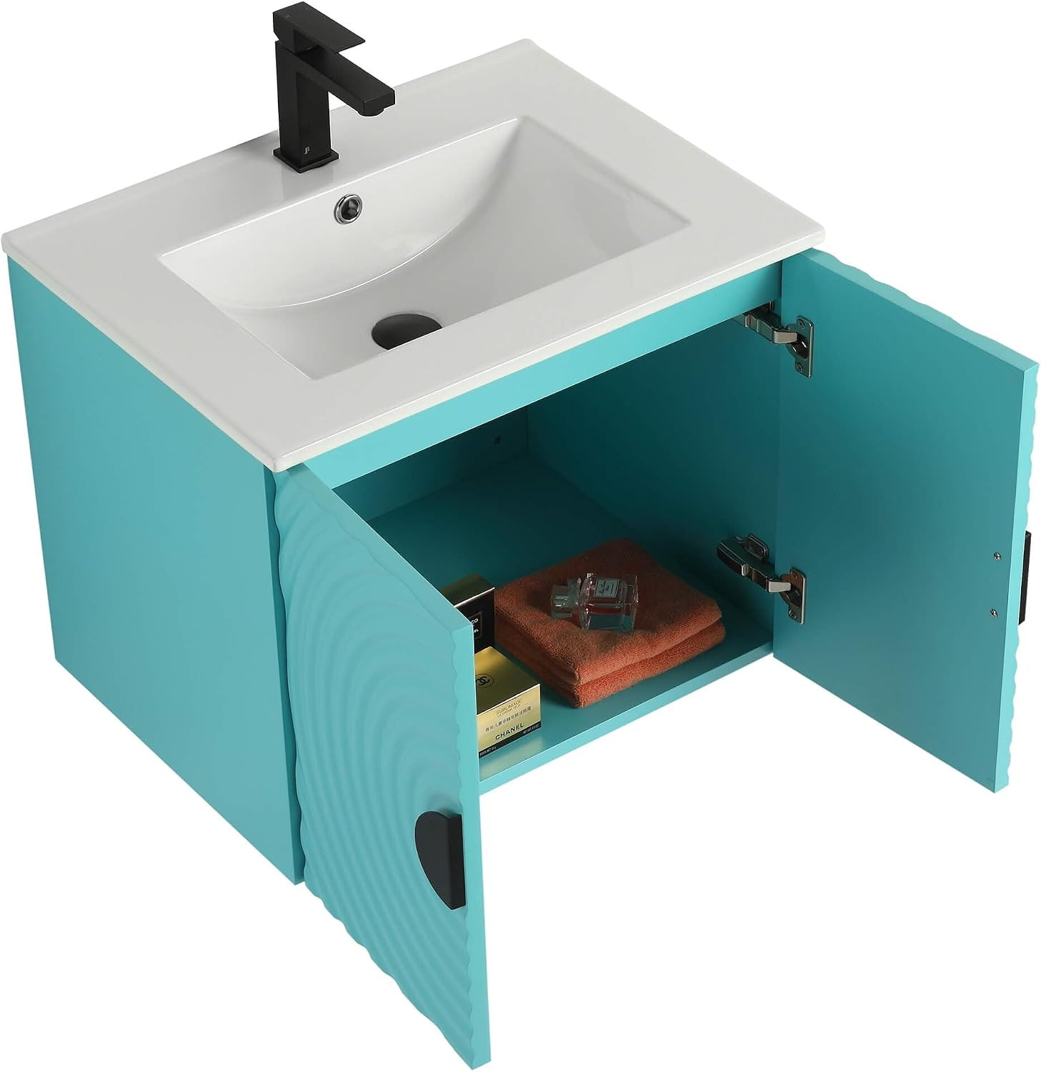 Pellabay Modern 24 Inch Bathroom Vanity with Sink Blue, Fluted Door Design, Floa